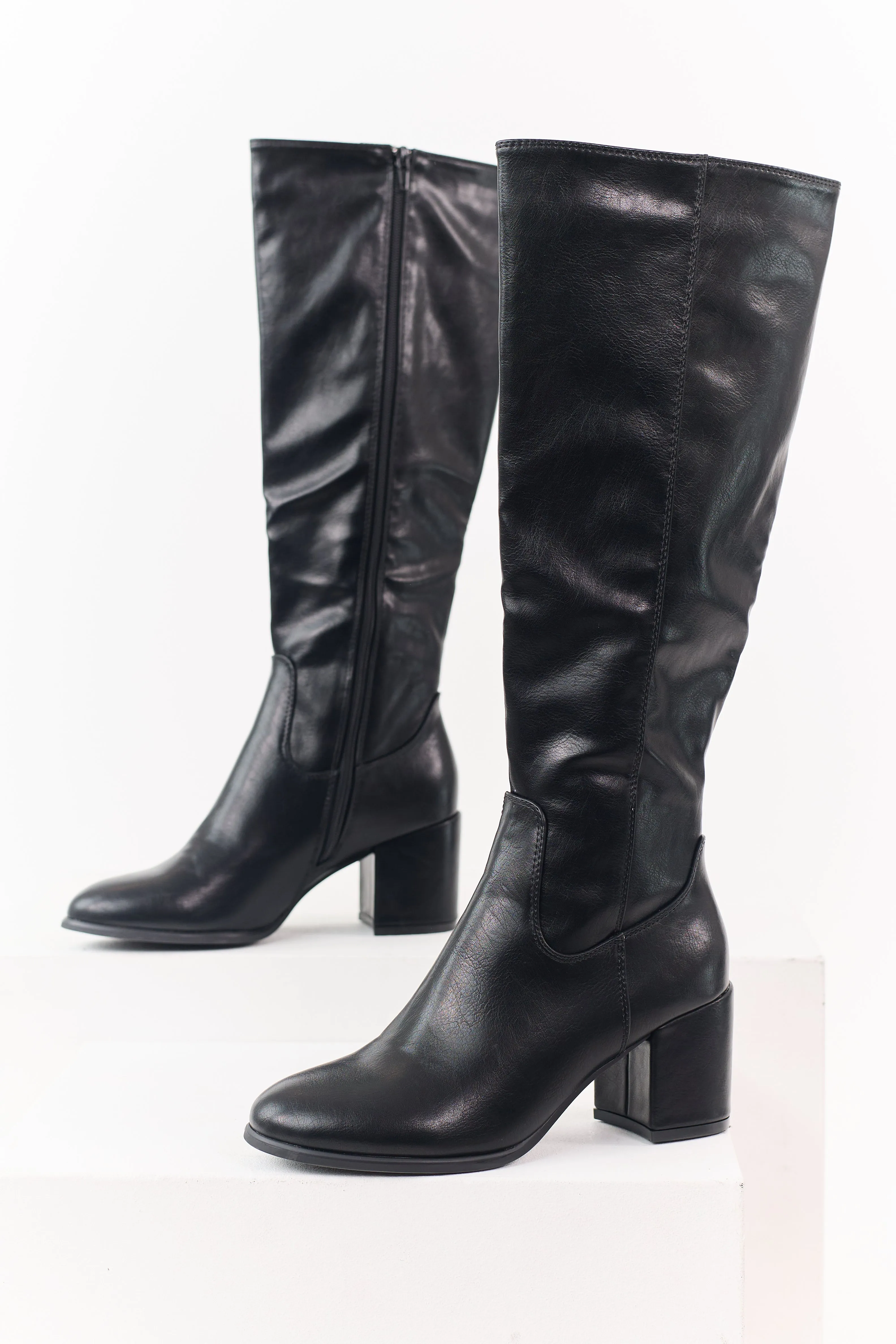 Black Faux Leather Tall Block Heel Boots sold by Lime Lush