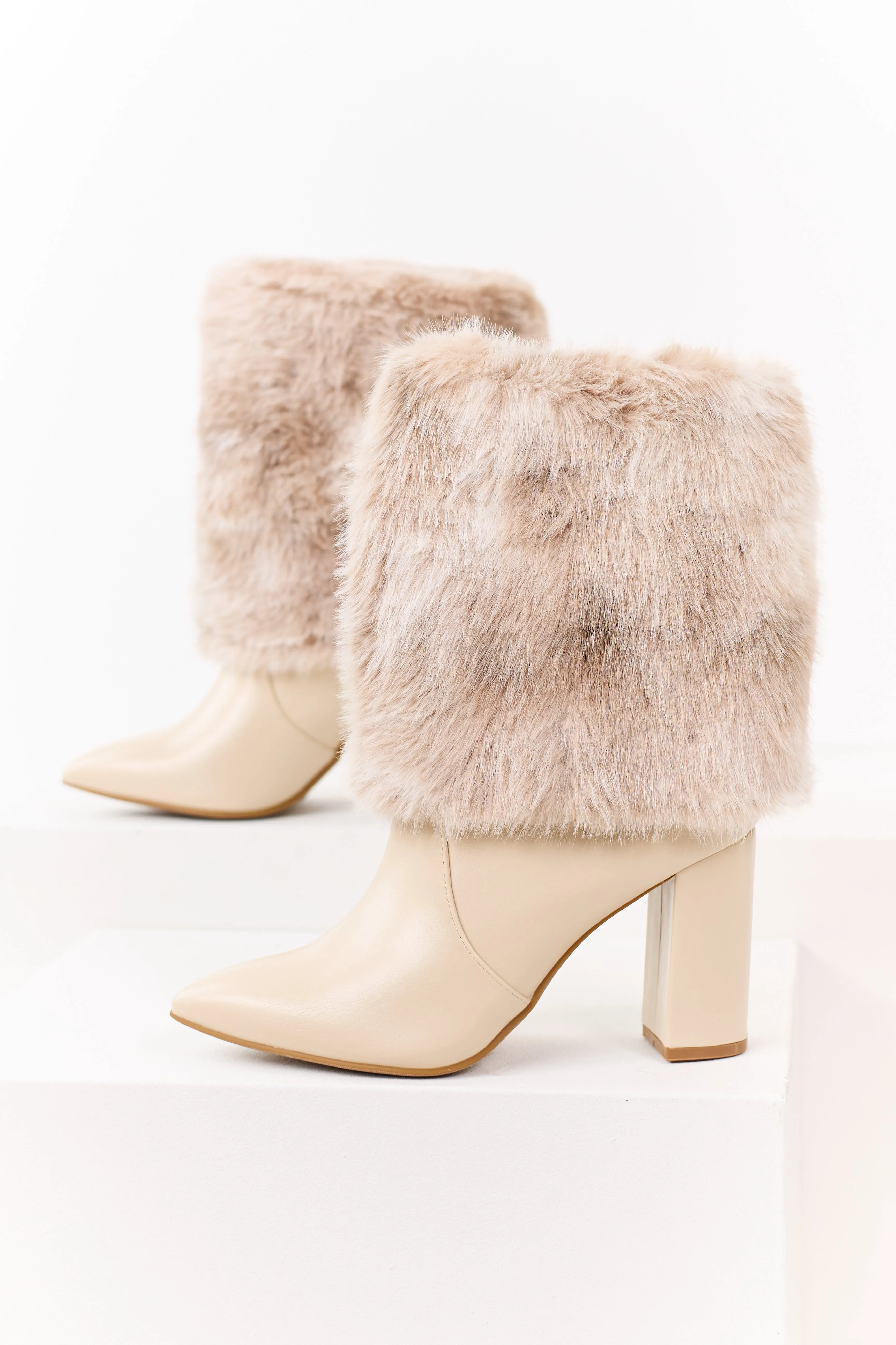 Almond Faux Fur Overlay Faux Leather Heel Booties sold by Lime Lush