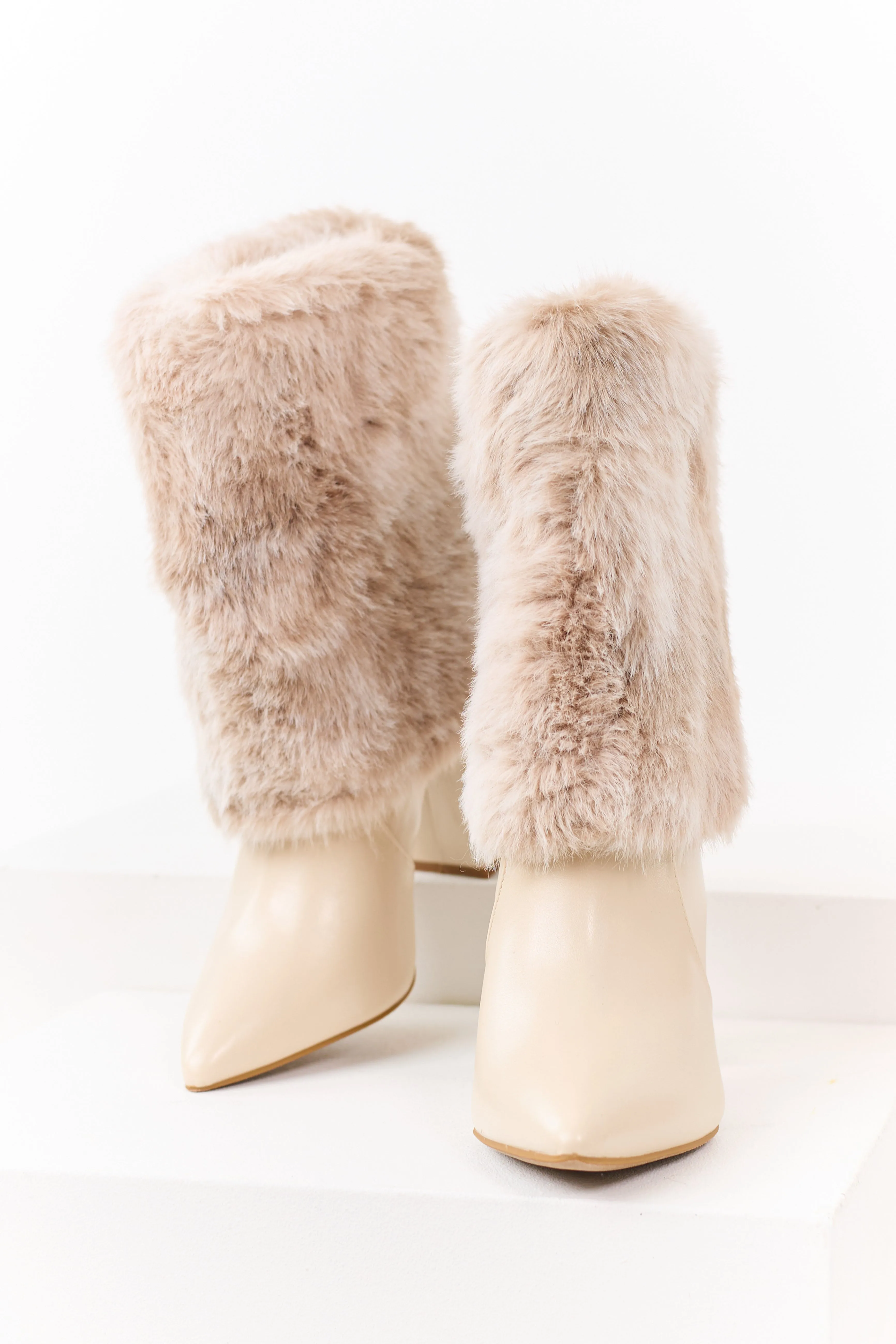 Almond Faux Fur Overlay Faux Leather Heel Booties sold by Lime Lush product image thumbnail 2