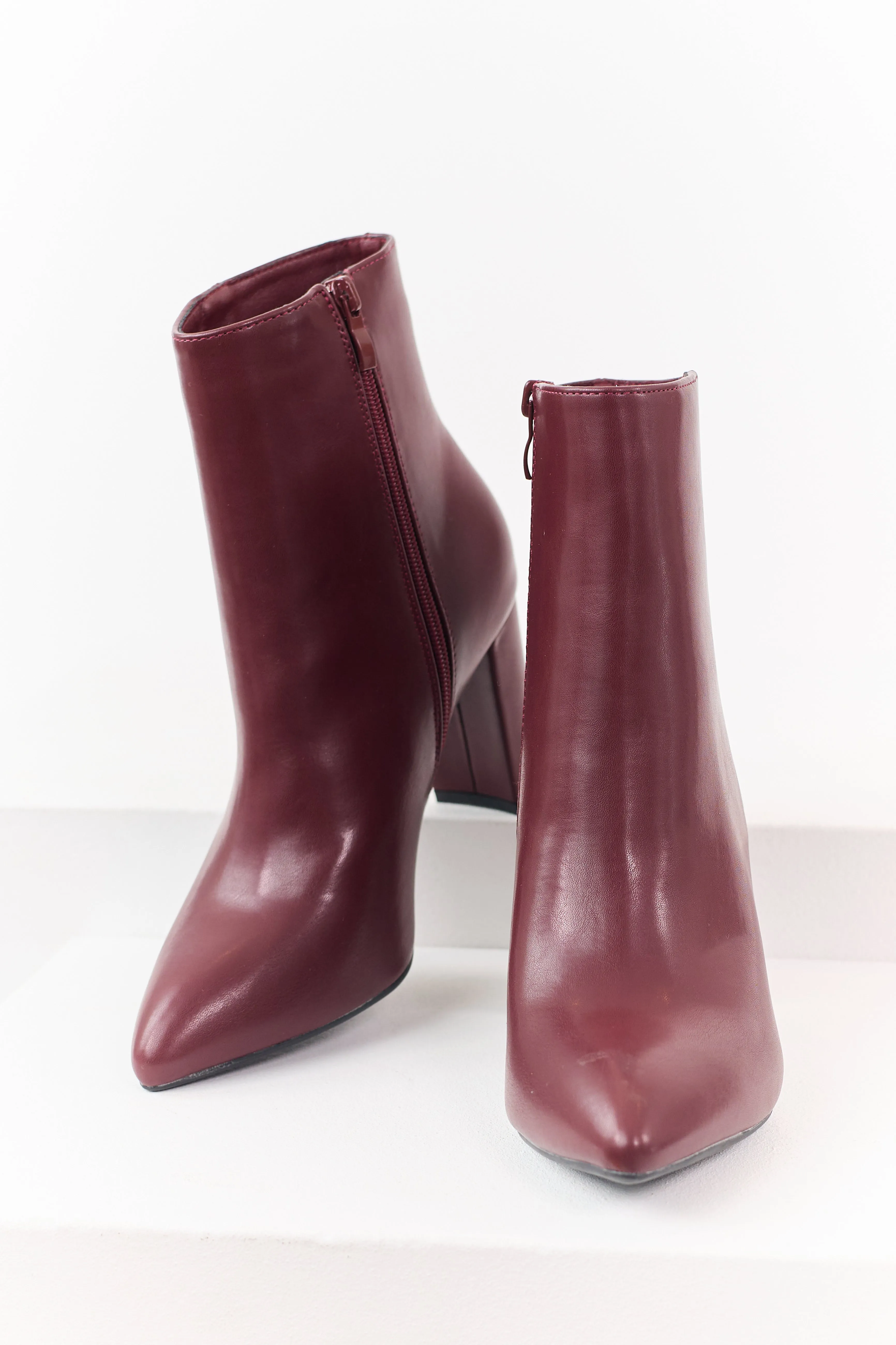 Maroon Faux Leather Pointed Toe Block Heel Booties sold by Lime Lush product image thumbnail 2