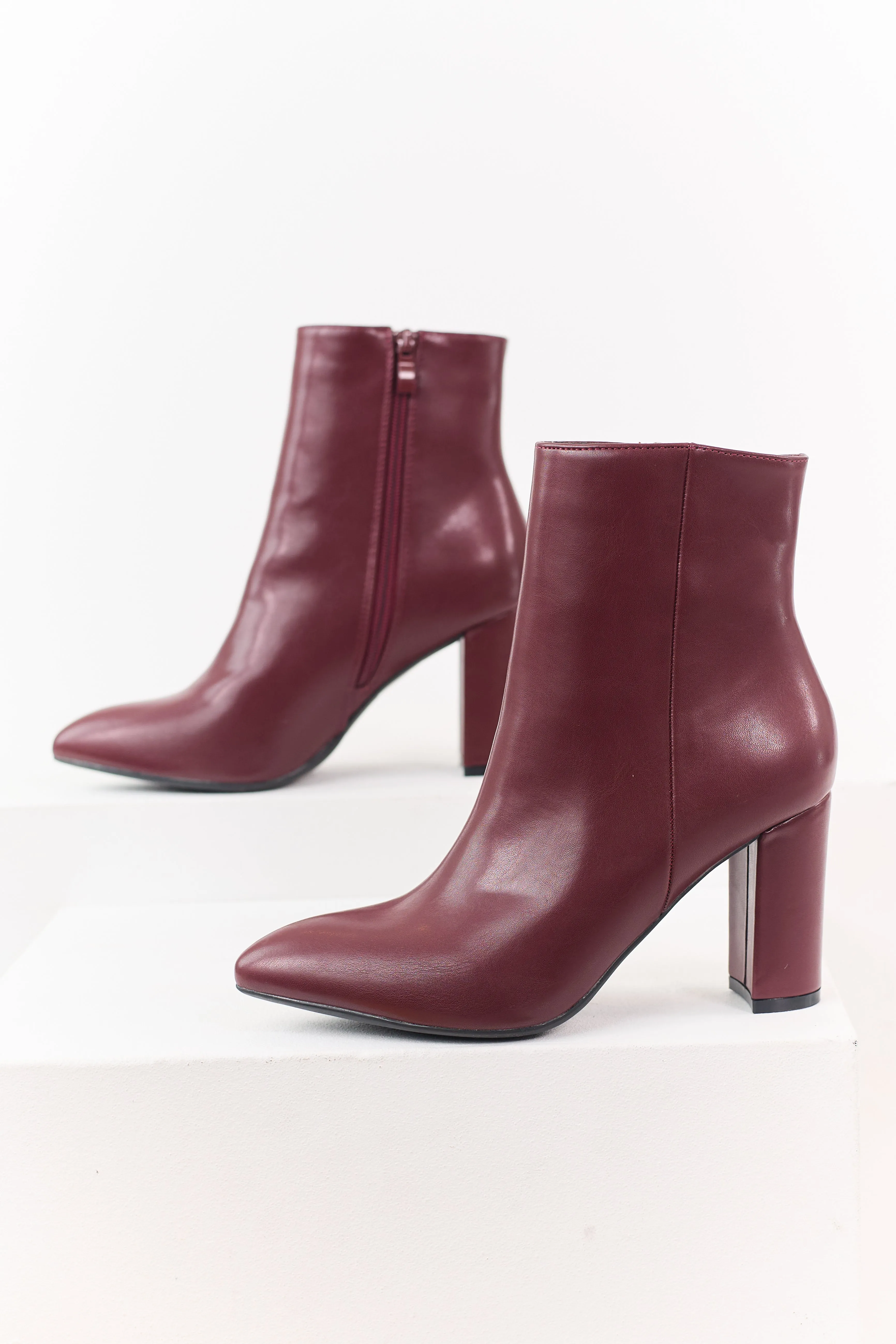 Maroon Faux Leather Pointed Toe Block Heel Booties sold by Lime Lush