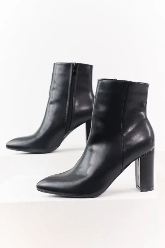 Black Faux Leather Pointed Toe Block Heel Booties sold by Lime Lush