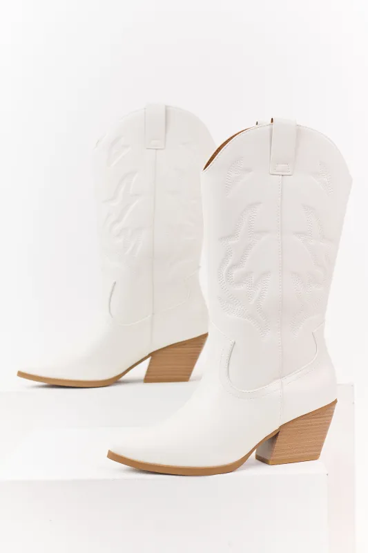 Off White Western Embroidered Cowboy Boots sold by Lime Lush
