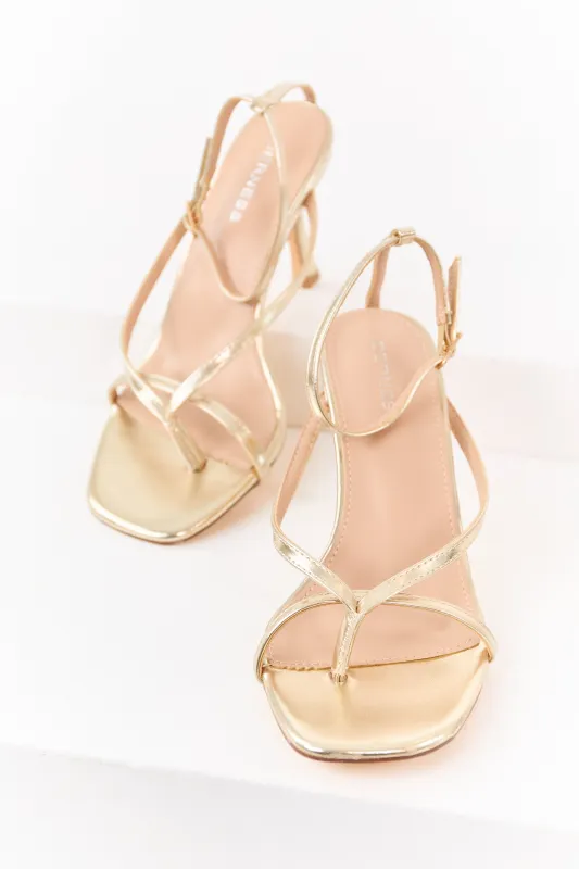Gold Faux Leather Ankle Strap Stiletto Heels sold by Lime Lush