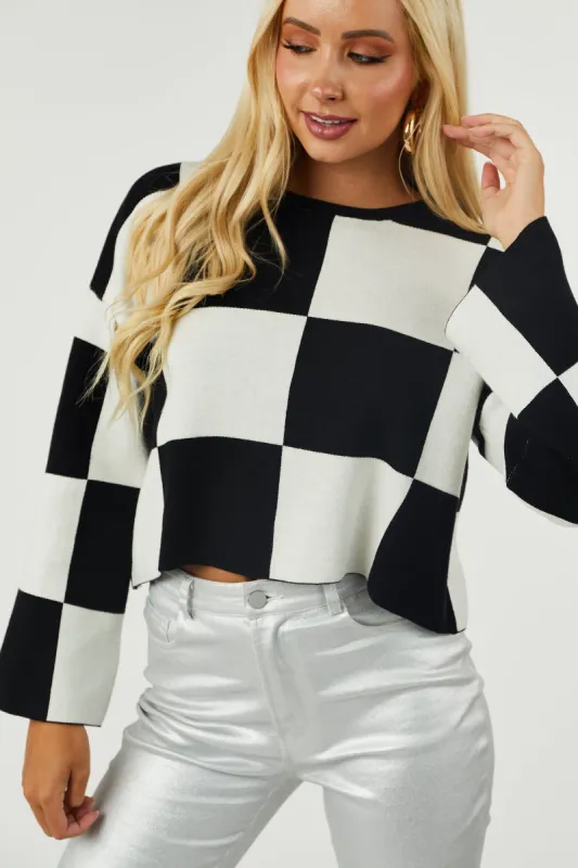 Black and Off White Checkered Cropped Sweater sold by Lime Lush