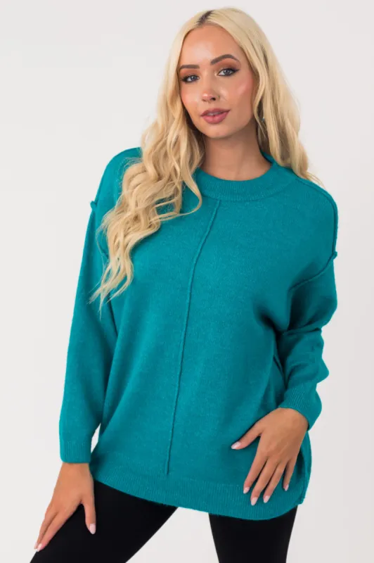 Sea Blue Exposed Seam Drop Shoulder Sweater sold by Lime Lush