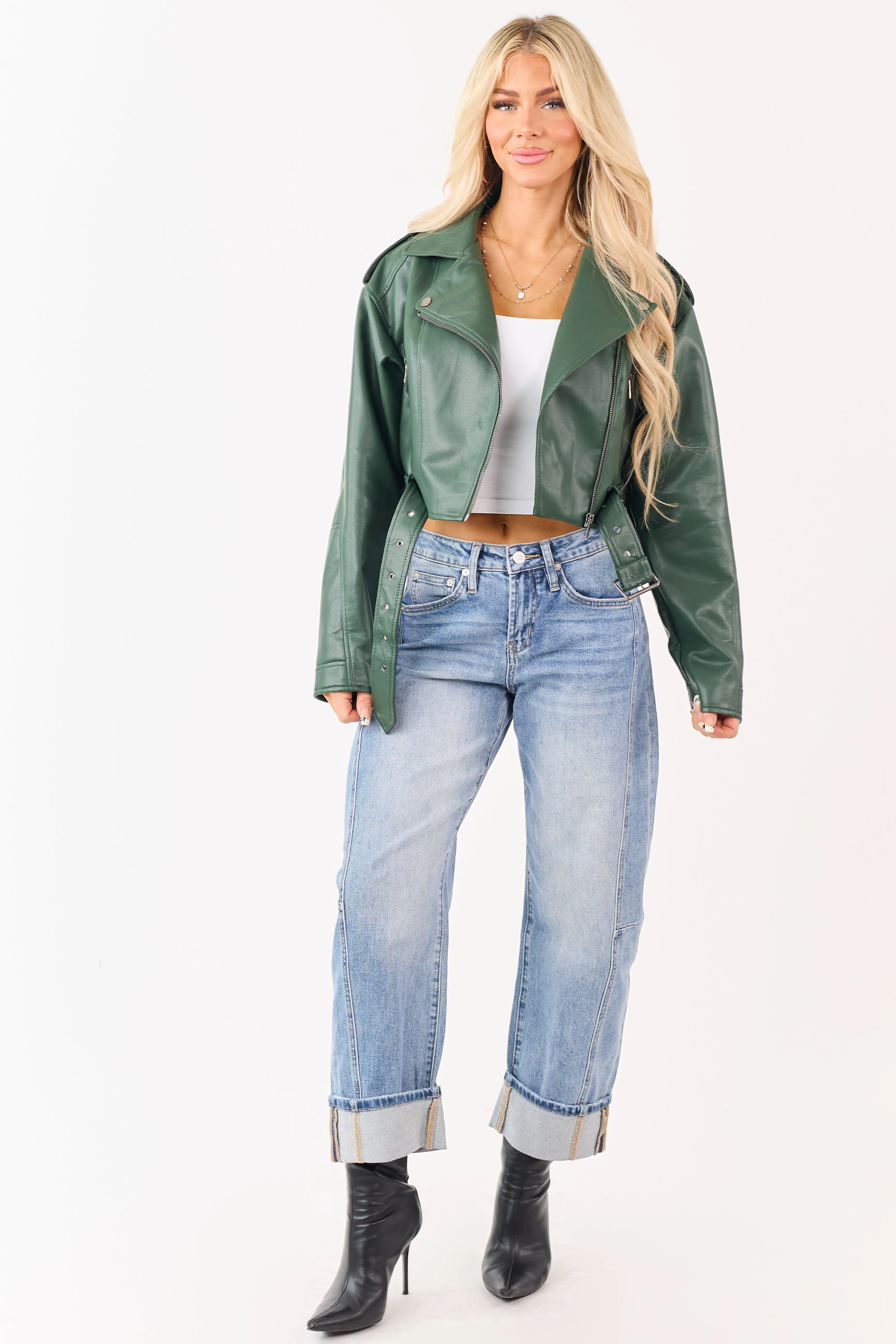 Hunter Green Faux Leather Zip Up Cropped Jacket sold by Lime Lush product image thumbnail 2