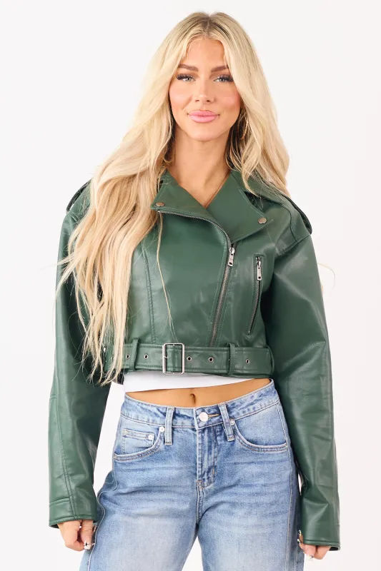 Hunter Green Faux Leather Zip Up Cropped Jacket sold by Lime Lush