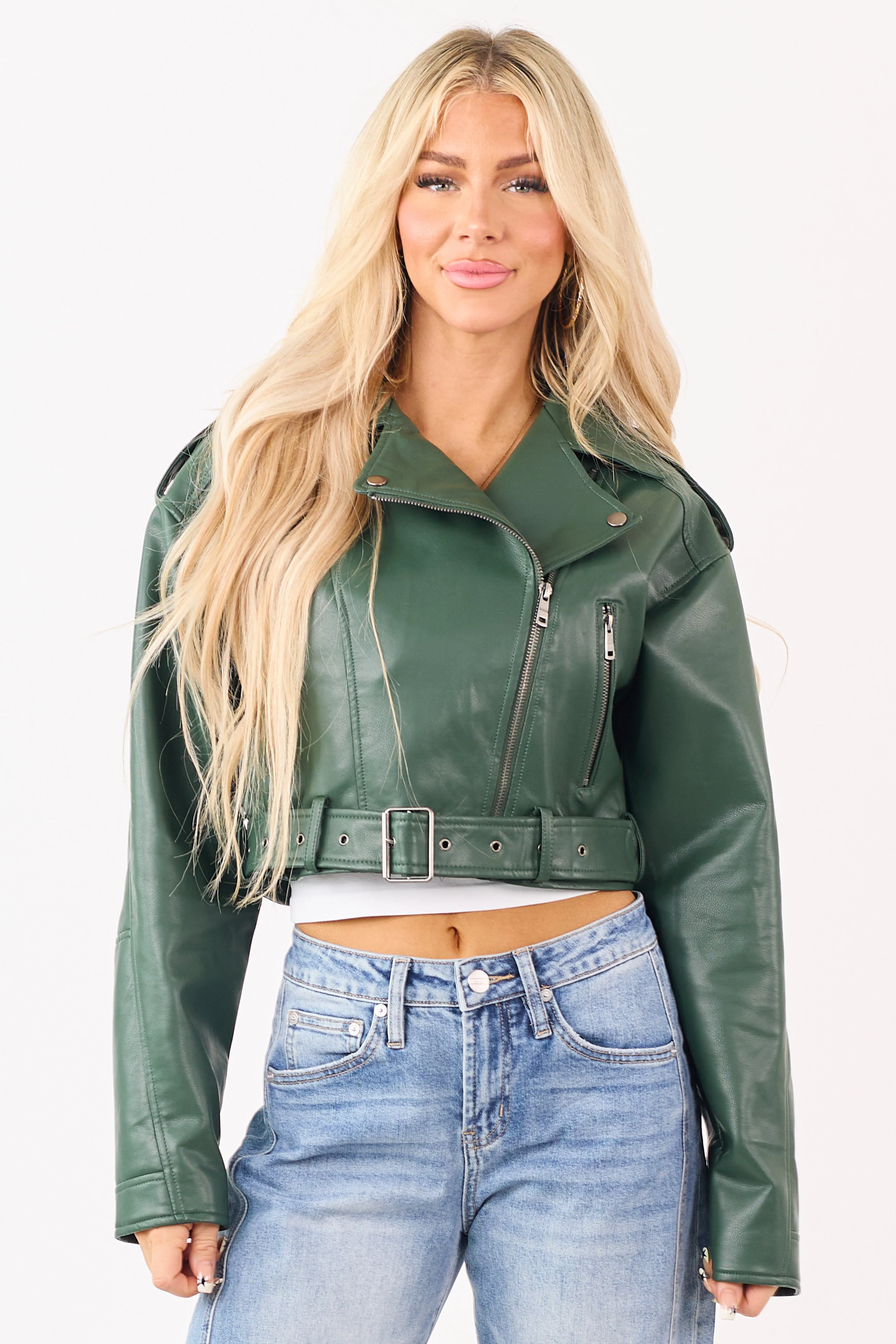 Hunter Green Faux Leather Zip Up Cropped Jacket sold by Lime Lush