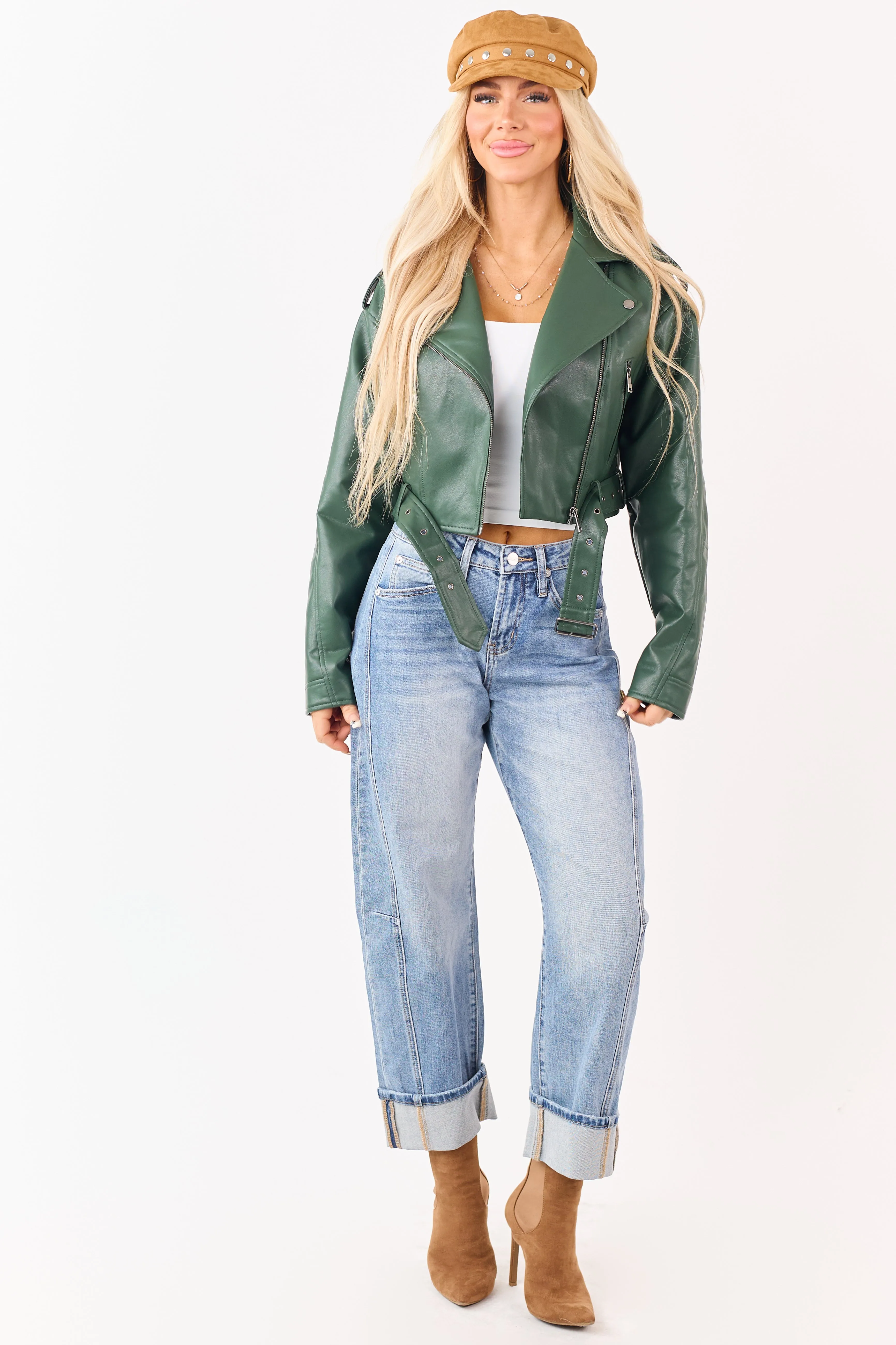 Hunter Green Faux Leather Zip Up Cropped Jacket sold by Lime Lush product image thumbnail 4