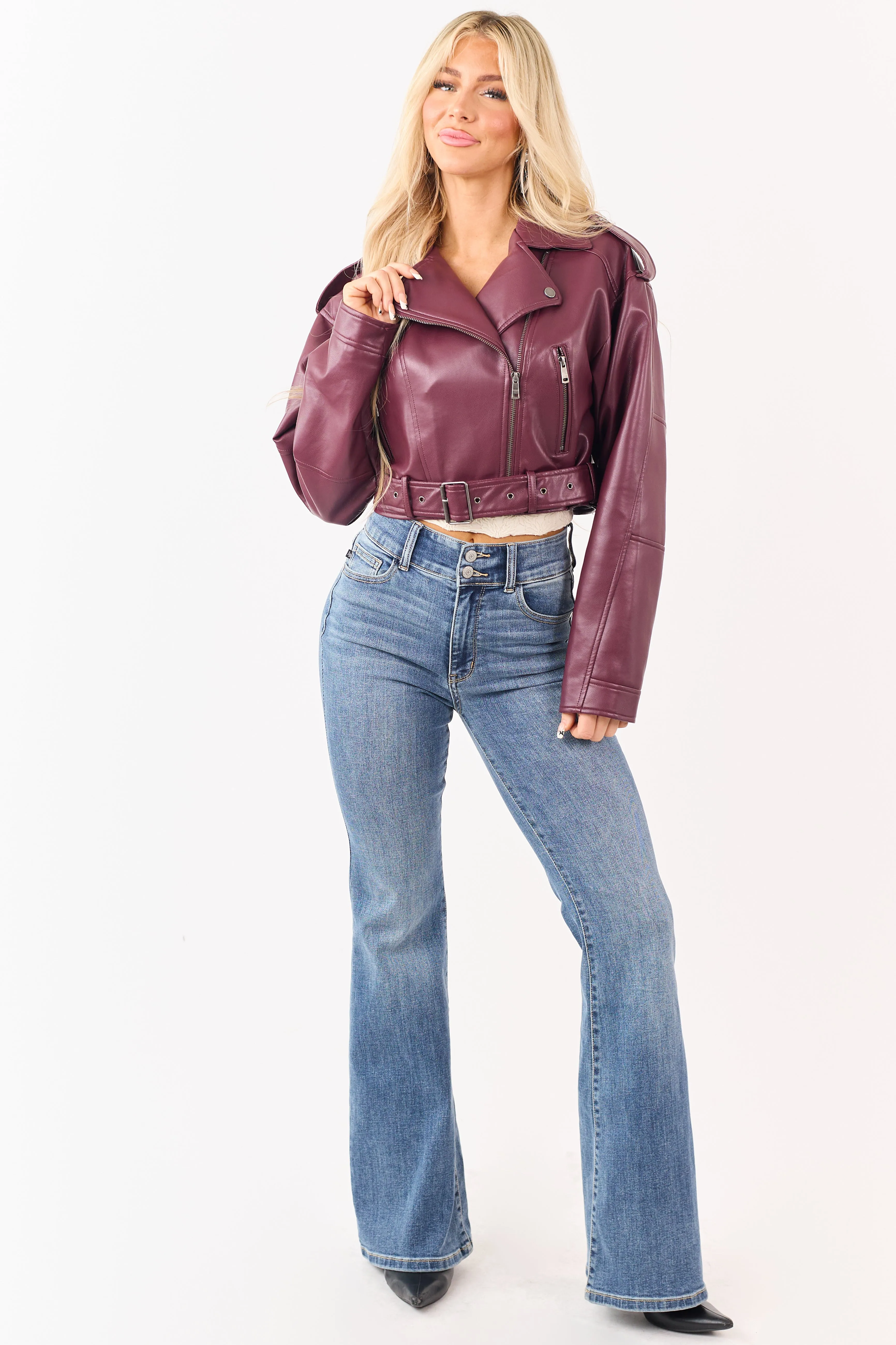Wine Faux Leather Zip Up Cropped Jacket sold by Lime Lush product image thumbnail 3