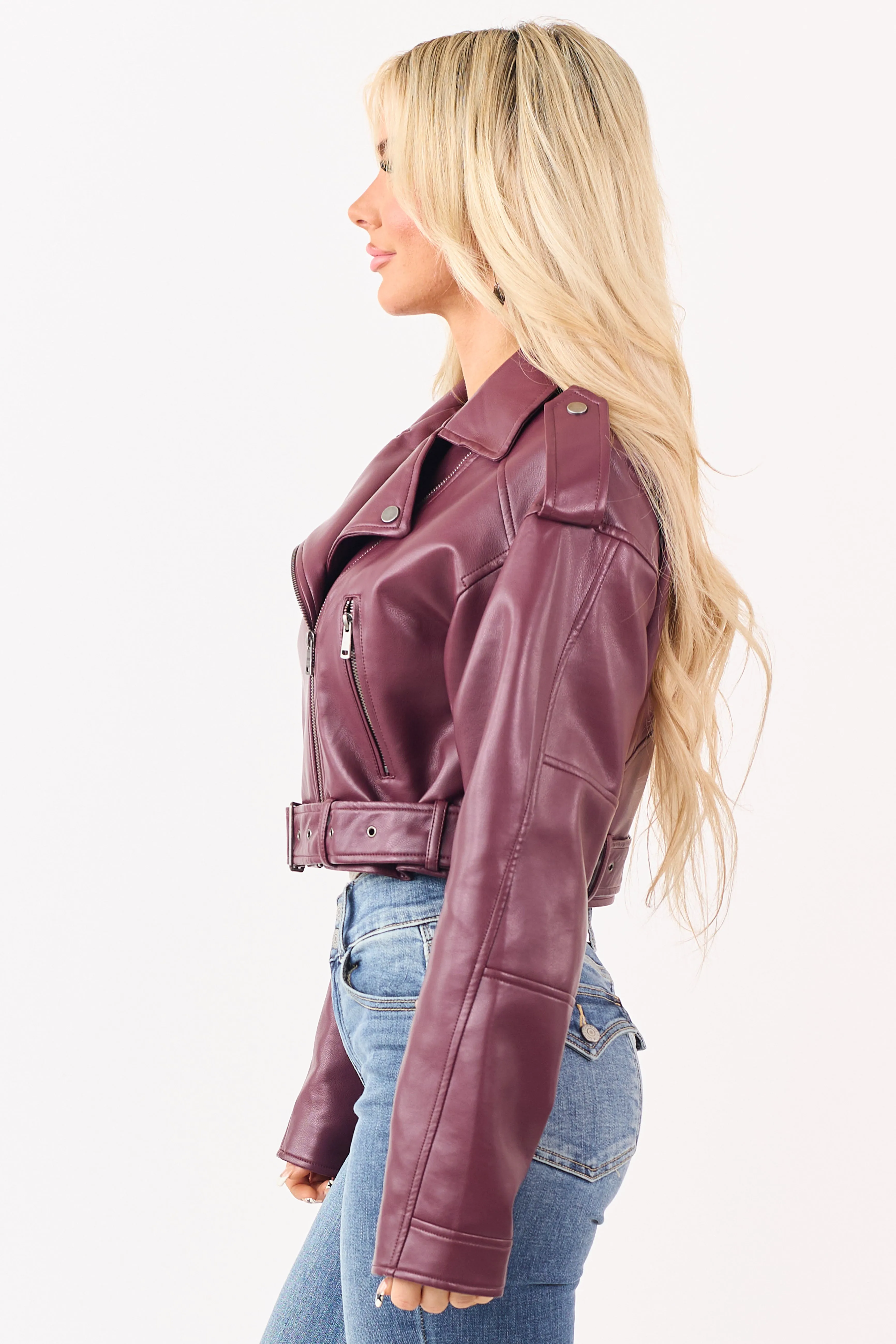 Wine Faux Leather Zip Up Cropped Jacket sold by Lime Lush product image thumbnail 5