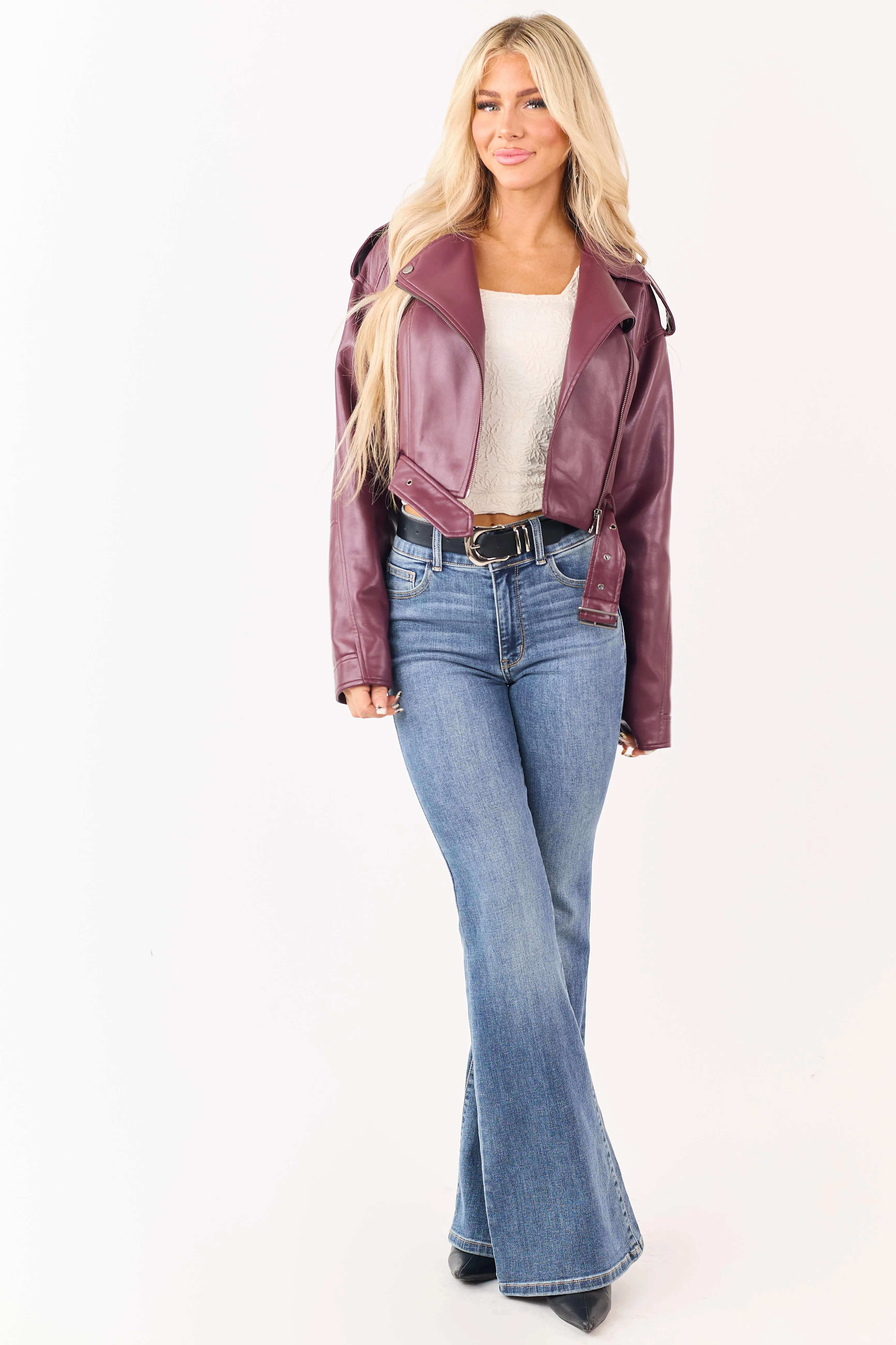 Wine Faux Leather Zip Up Cropped Jacket sold by Lime Lush product image thumbnail 2