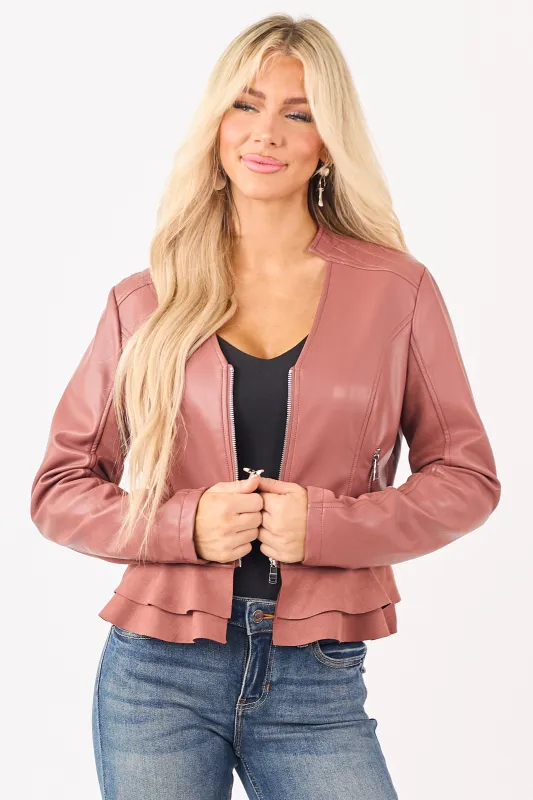 Hibiscus Faux Leather Zip Up Ruffle Jacket sold by Lime Lush