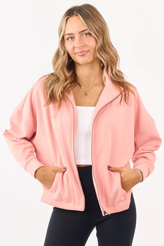 Coral Soft Scuba Knit Mock Neck Zip Up Jacket sold by Lime Lush