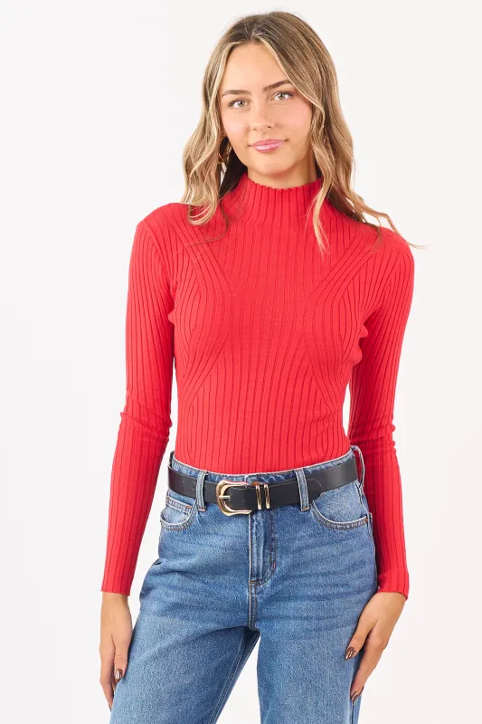 Lipstick Mock Neck Long Sleeve Rib Knit Bodysuit sold by Lime Lush
