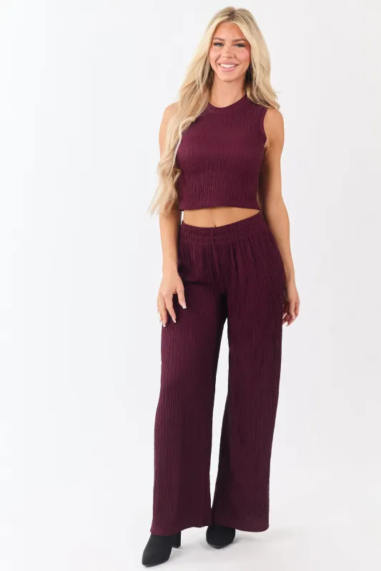 Wine Crinkled Plisse Crop Tank Top and Pants Set sold by Lime Lush