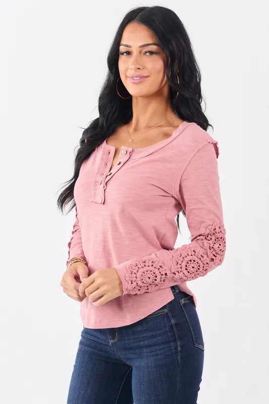 Dusty Rose Crochet Lace Sleeve Henley Cotton Top sold by Lime Lush