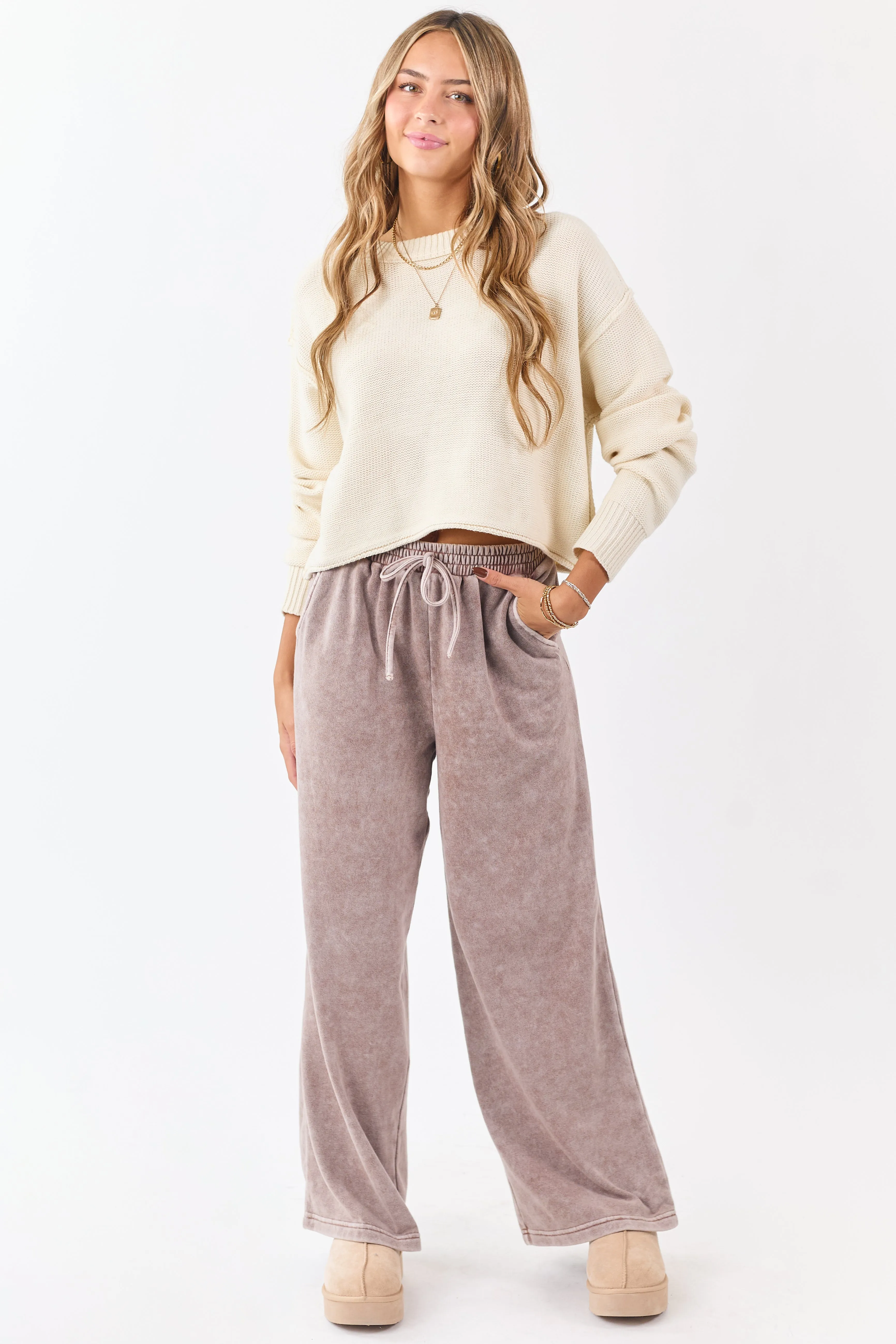 Washed Rose Taupe Wide Leg Sweatpants sold by Lime Lush