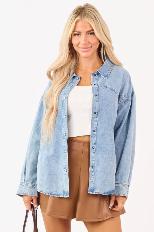 Medium Wash Button Up Long Sleeve Denim Top sold by Lime Lush