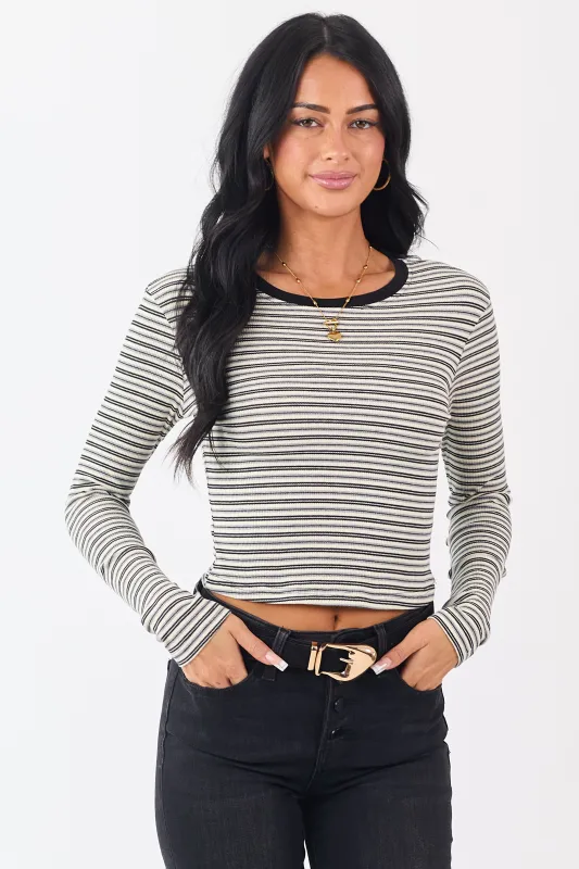 Black Striped Long Sleeve Ribbed Knit Crop Top sold by Lime Lush