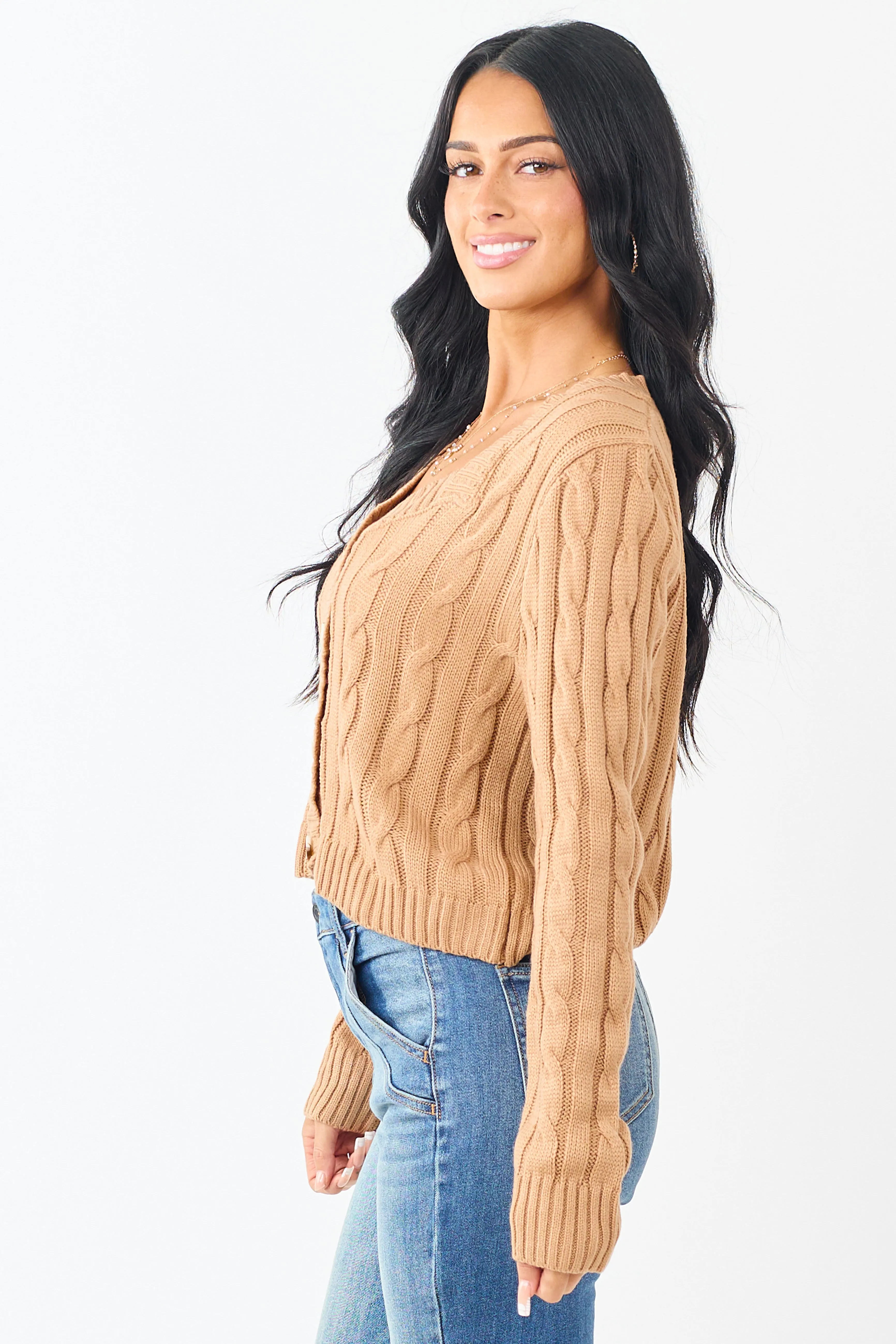 Camel Cable Knit Button Up Mid Length Cardigan sold by Lime Lush product image thumbnail 4