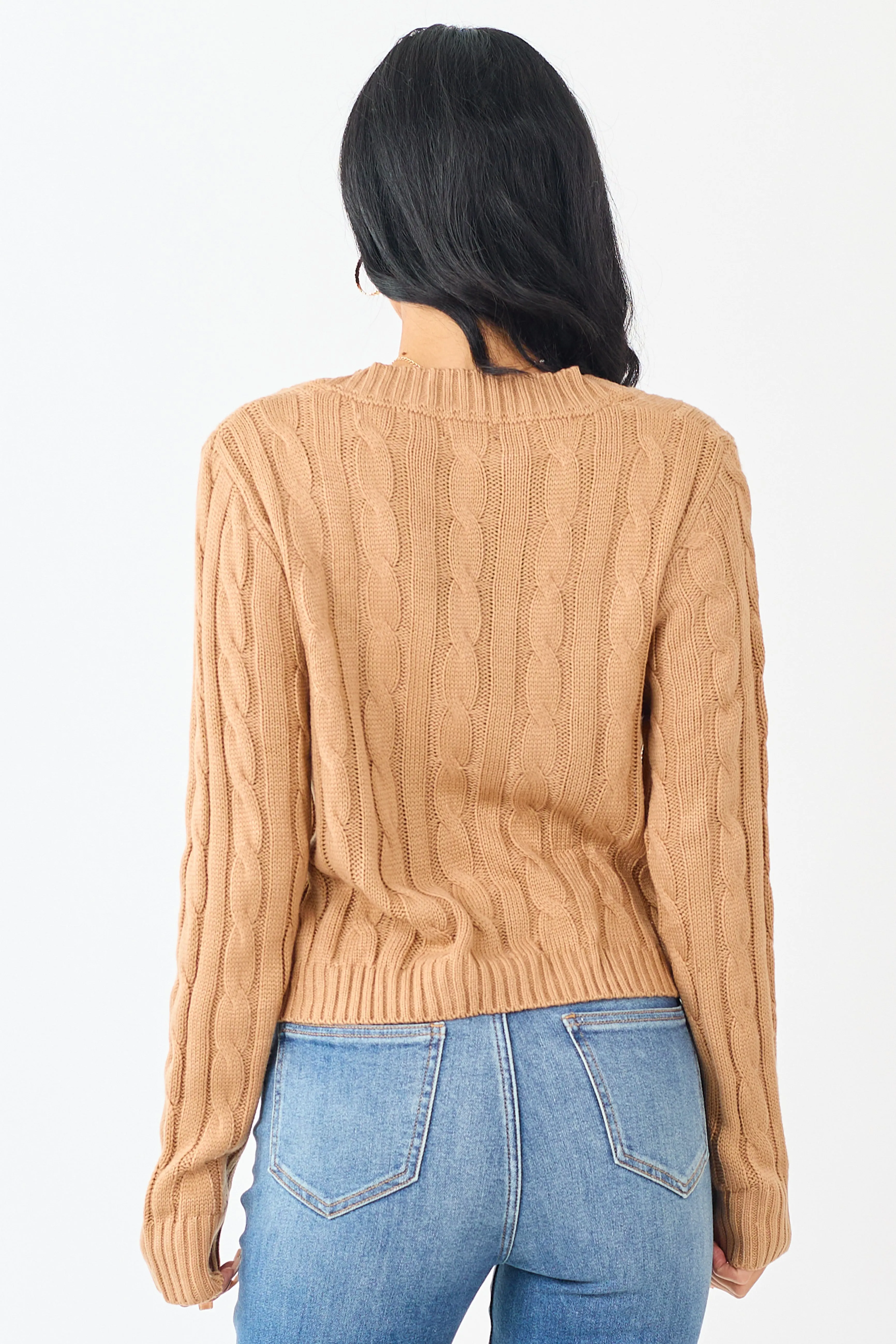 Camel Cable Knit Button Up Mid Length Cardigan sold by Lime Lush product image thumbnail 5