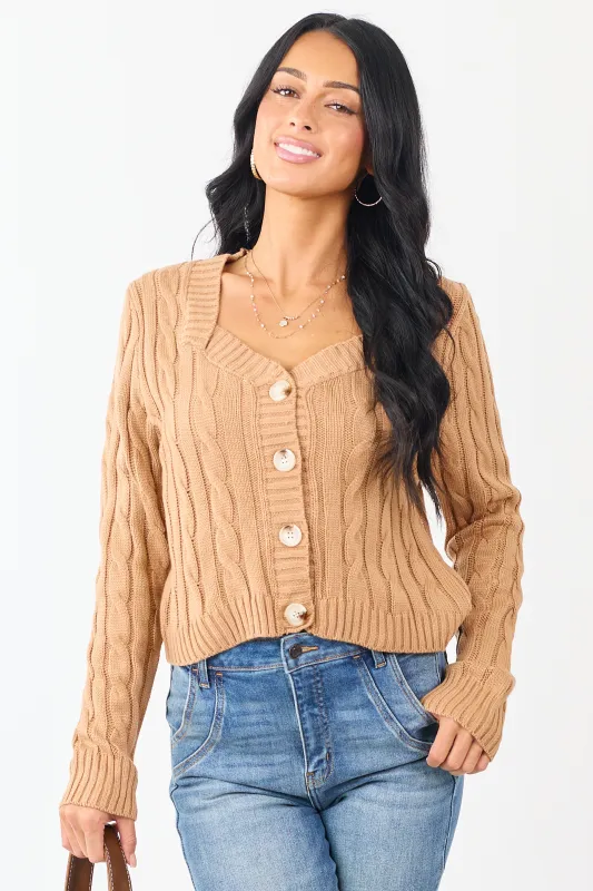 Camel Cable Knit Button Up Mid Length Cardigan sold by Lime Lush