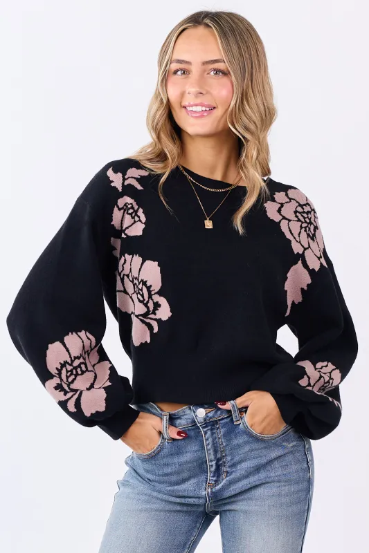 She+Sky Black Floral Print Crew Neck Sweater sold by Lime Lush