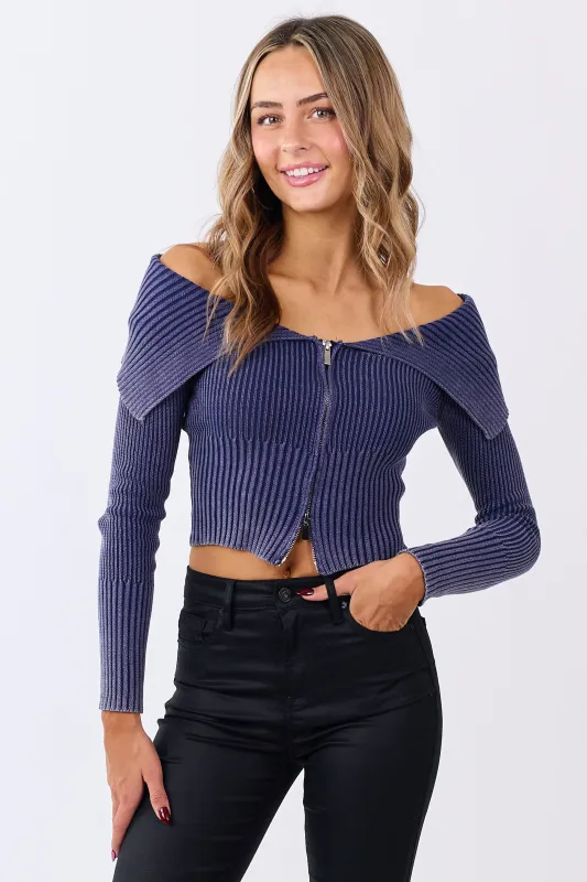 Navy Cotton Off Shoulder Zip Up Sweater Jacket sold by Lime Lush