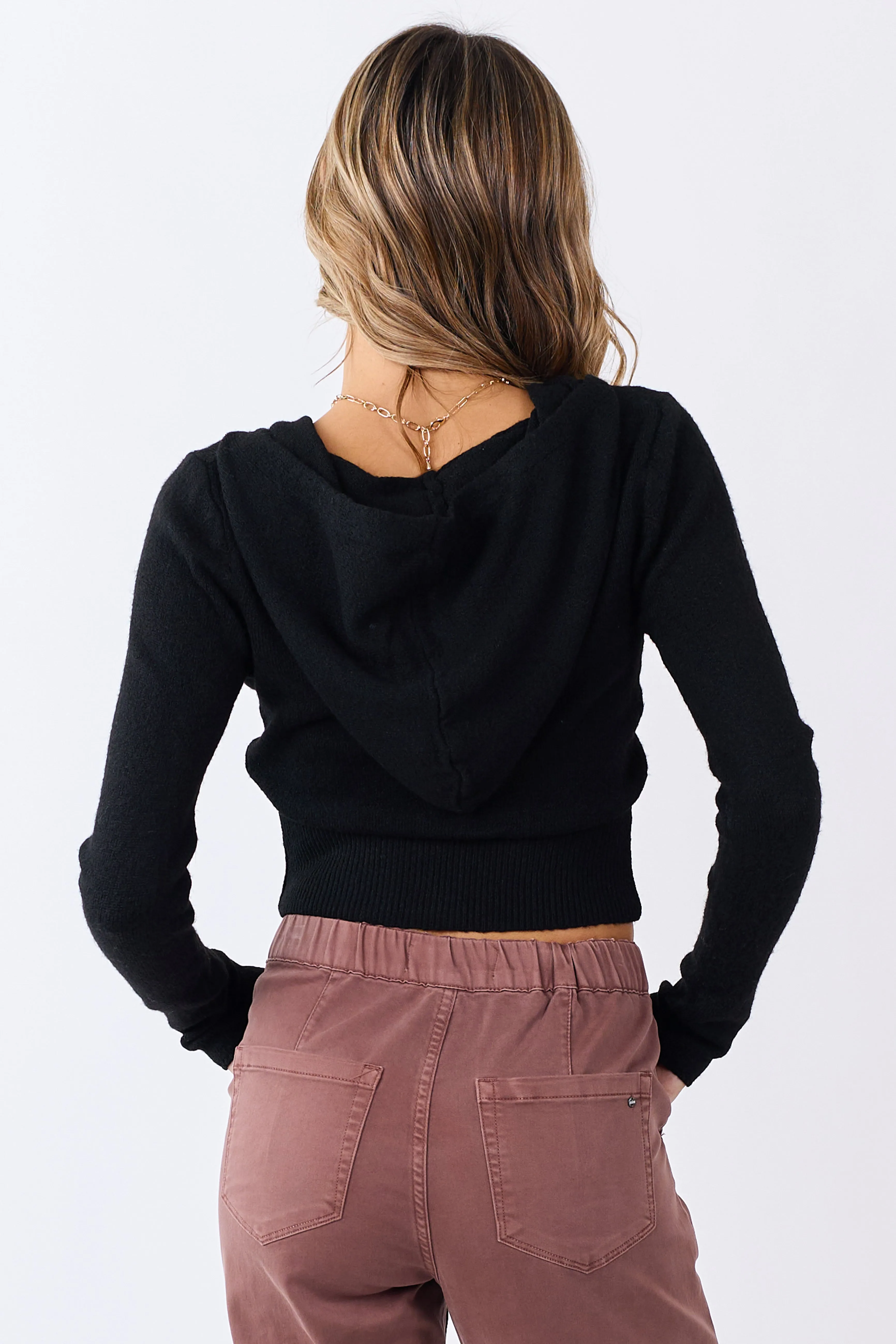 Black Zip Up Hooded Cropped Knit Jacket sold by Lime Lush product image thumbnail 4