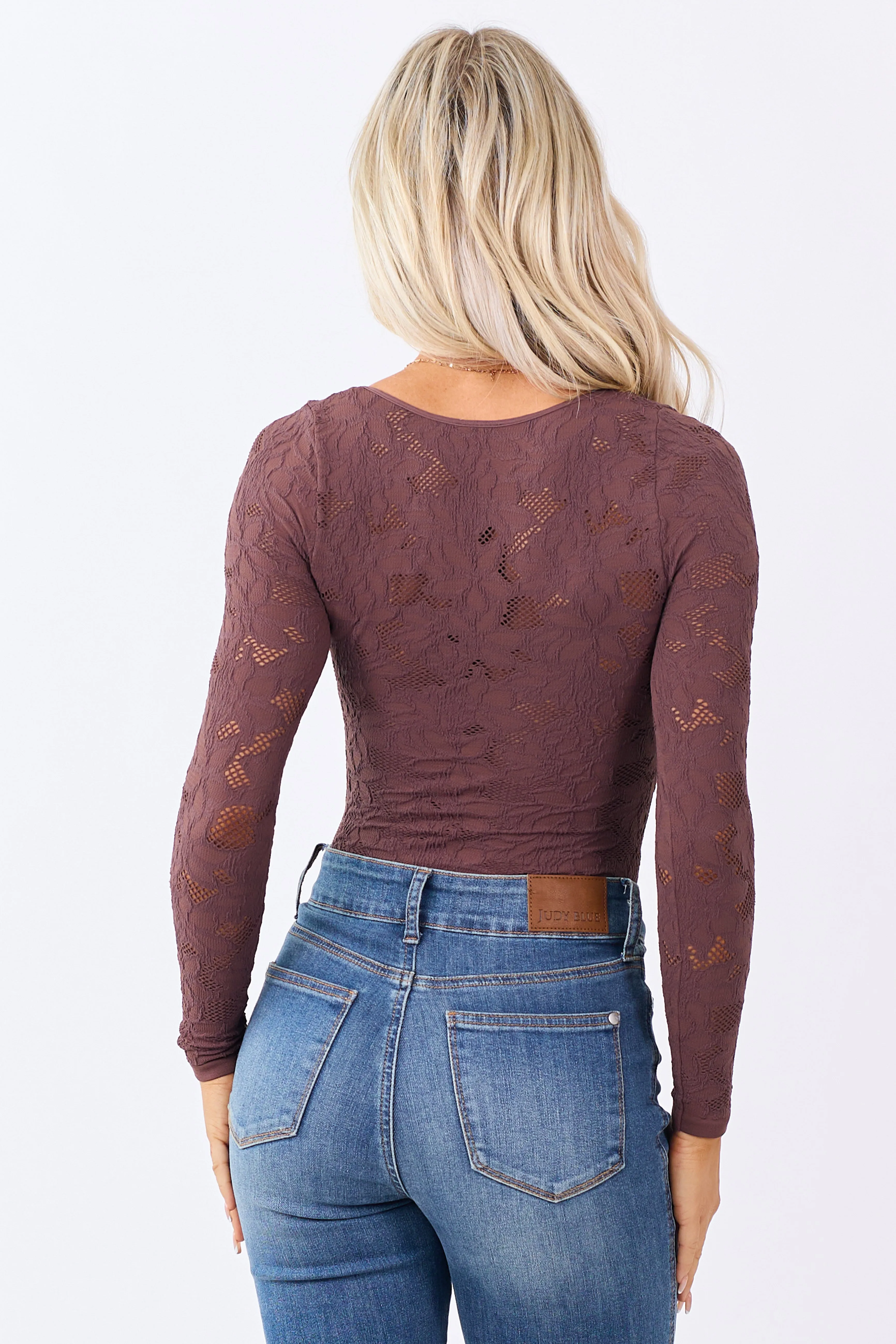Chocolate Textured Lace Long Sleeve Bodysuit sold by Lime Lush product image thumbnail 5