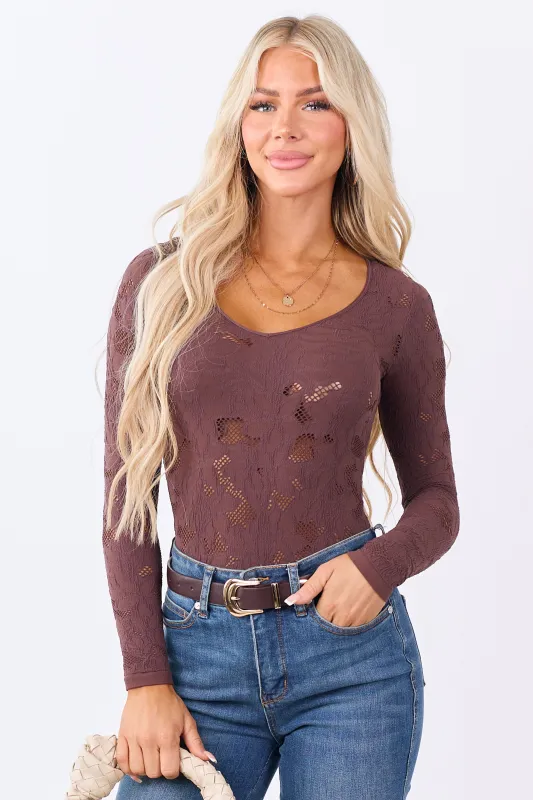 Chocolate Textured Lace Long Sleeve Bodysuit sold by Lime Lush