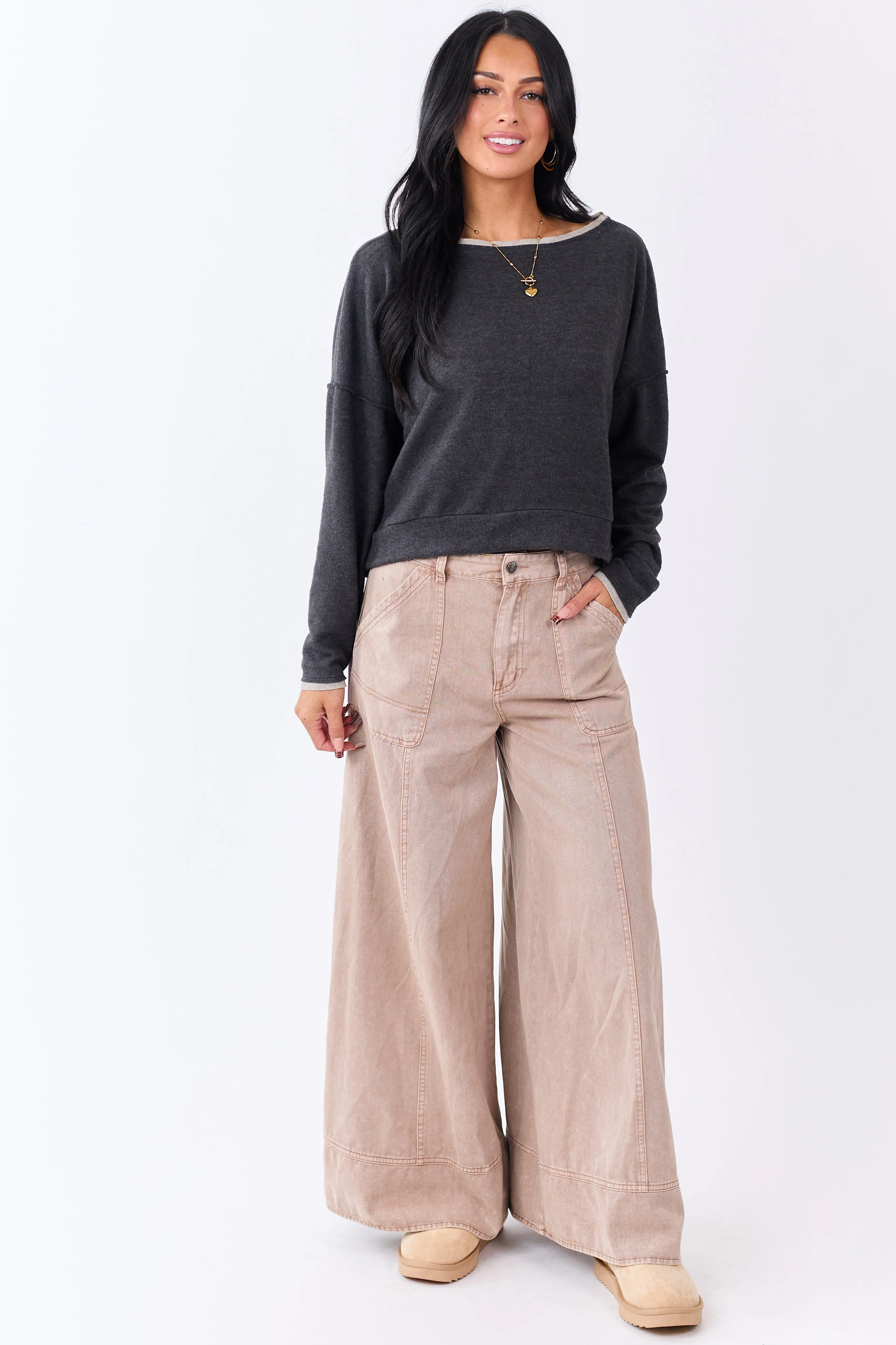 Charcoal Fleece Contrast Trim Long Sleeve Top sold by Lime Lush product image thumbnail 3