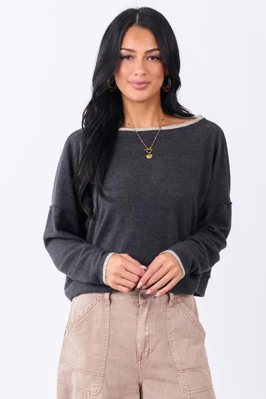 Charcoal Fleece Contrast Trim Long Sleeve Top sold by Lime Lush