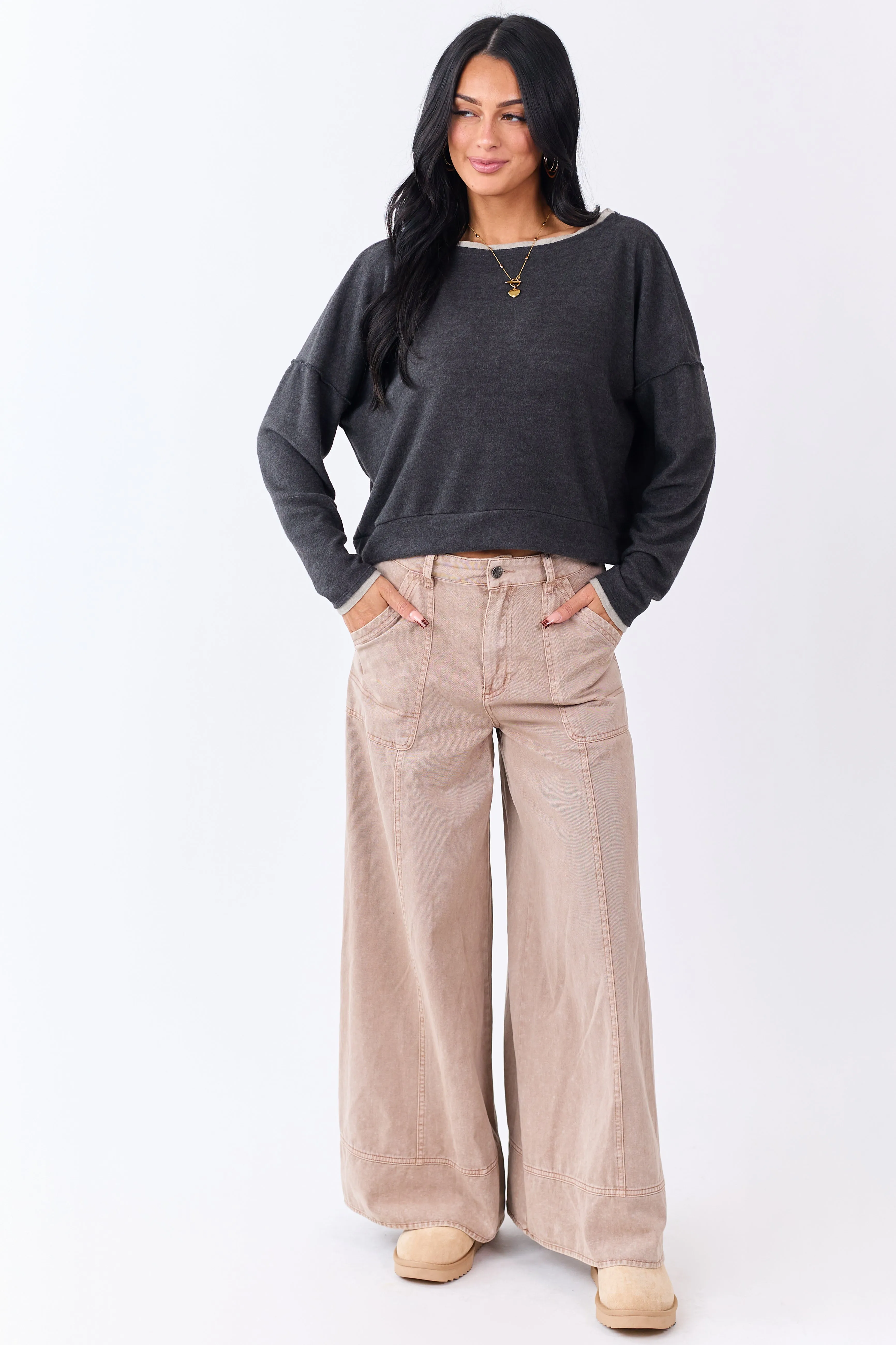 Charcoal Fleece Contrast Trim Long Sleeve Top sold by Lime Lush product image thumbnail 2