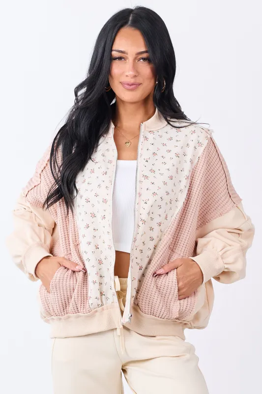 Vanilla Floral Print Contrast Waffle Knit Cotton Jacket sold by Lime Lush