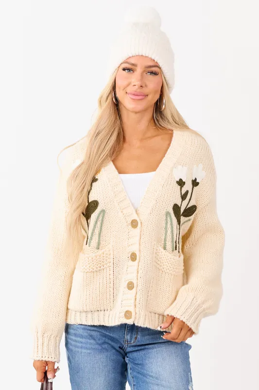 Champagne Floral Embroidery Button Up Knit Cardigan sold by Lime Lush