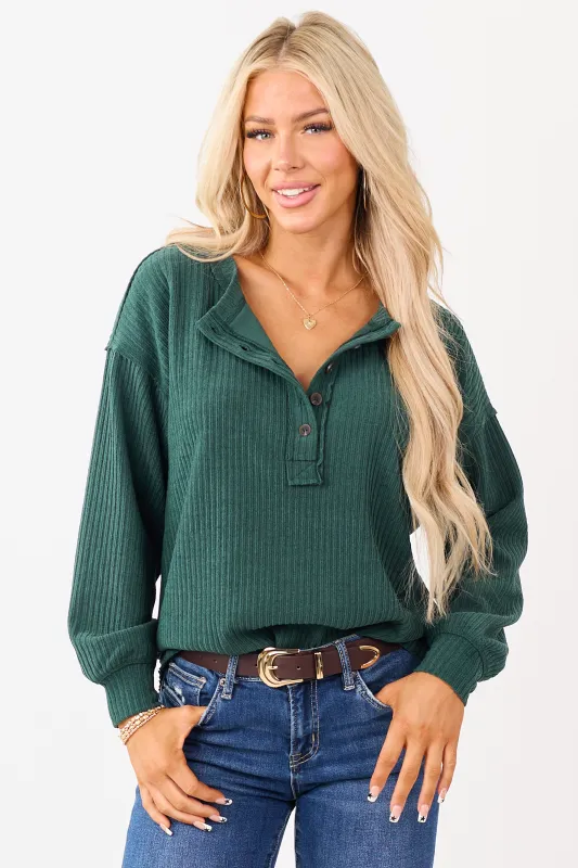 Pine Green Long Sleeve Knit Henley Top sold by Lime Lush