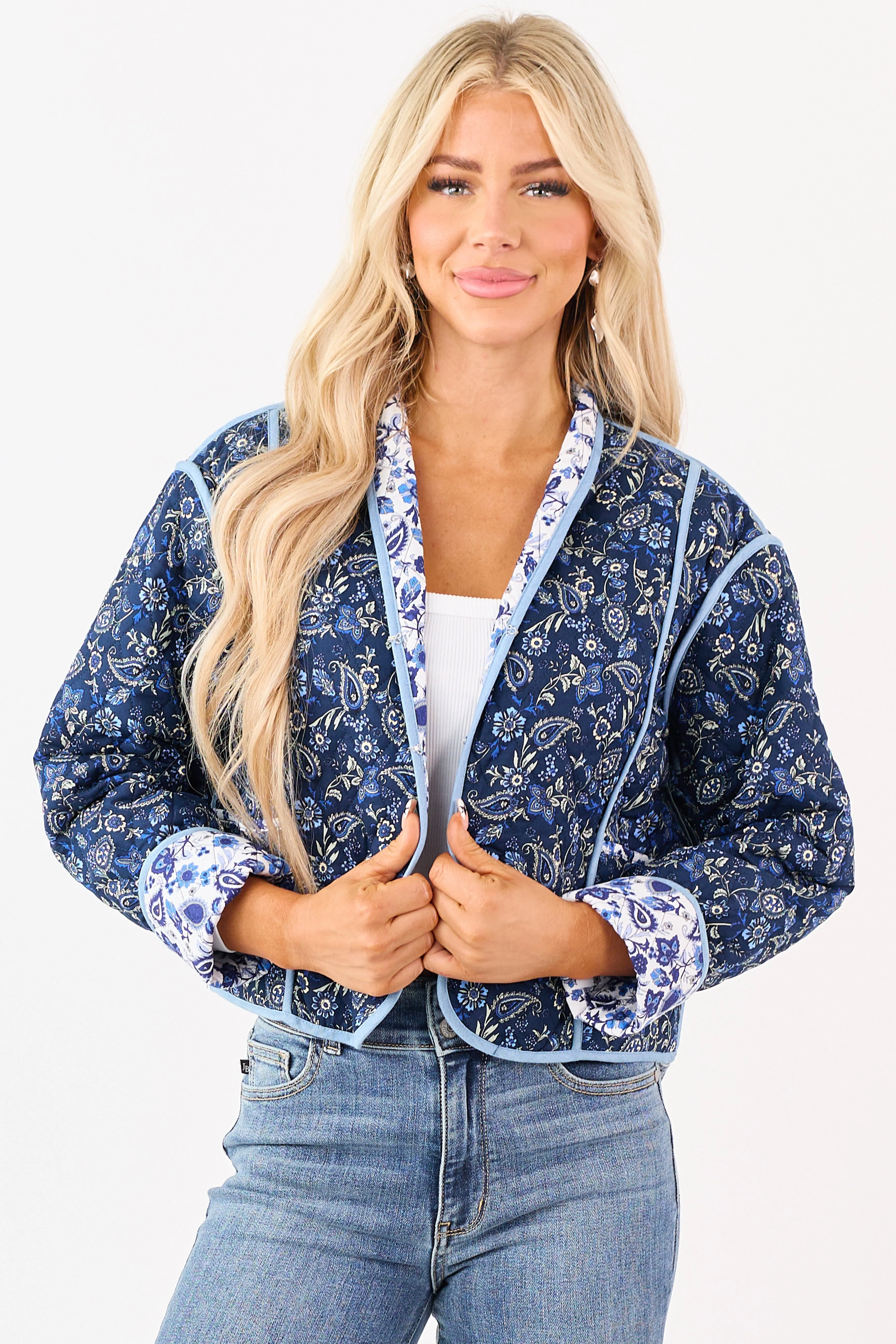 Navy Quilted Floral Print Reversible Cotton Jacket sold by Lime Lush