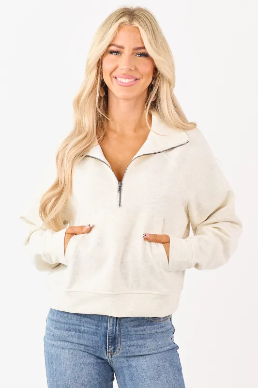 Heathered Cream Scuba Knit Pullover Sweatshirt made by Zenana