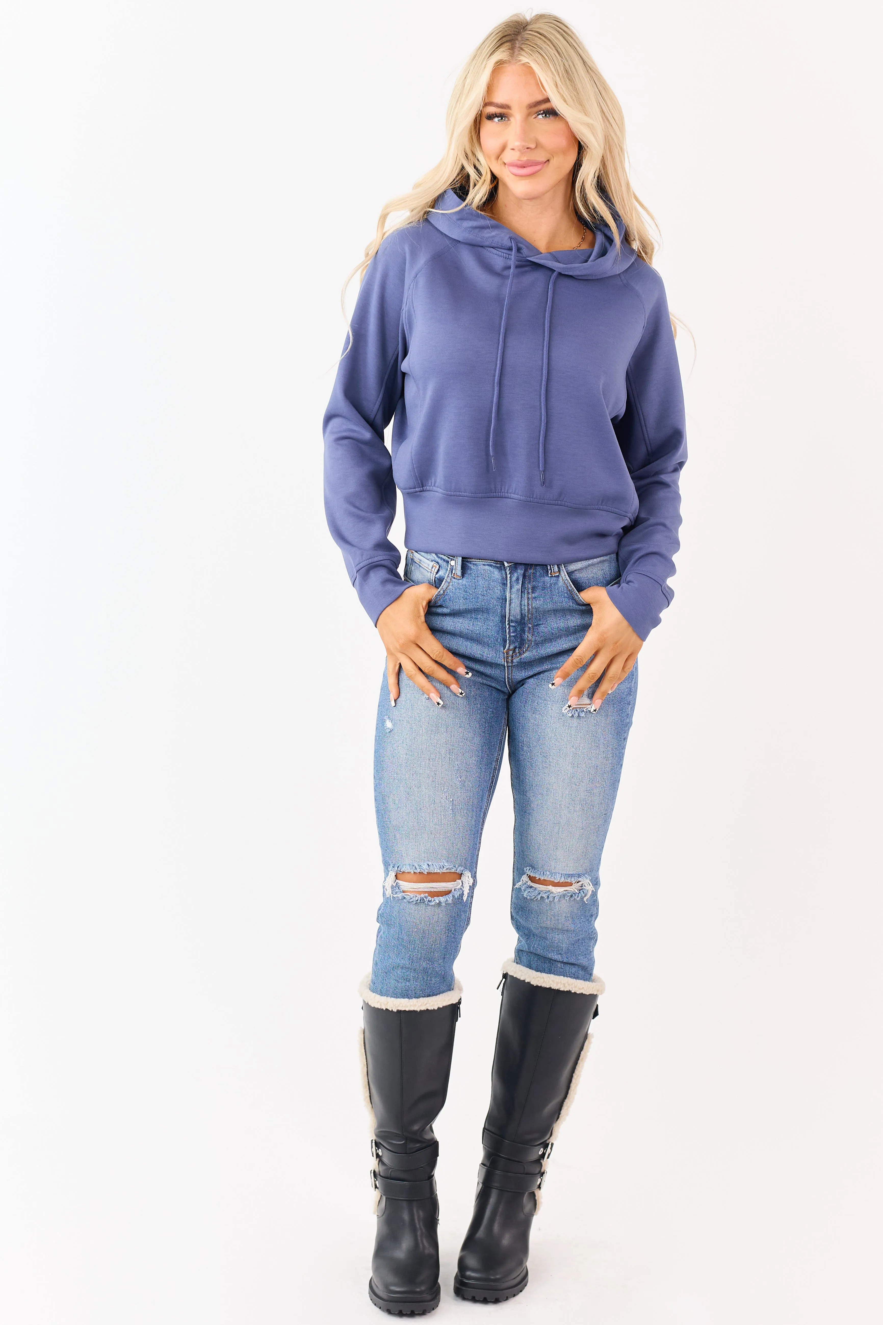 Dusty Blue Soft Scuba Knit Drawstring Hoodie sold by Lime Lush product image thumbnail 2