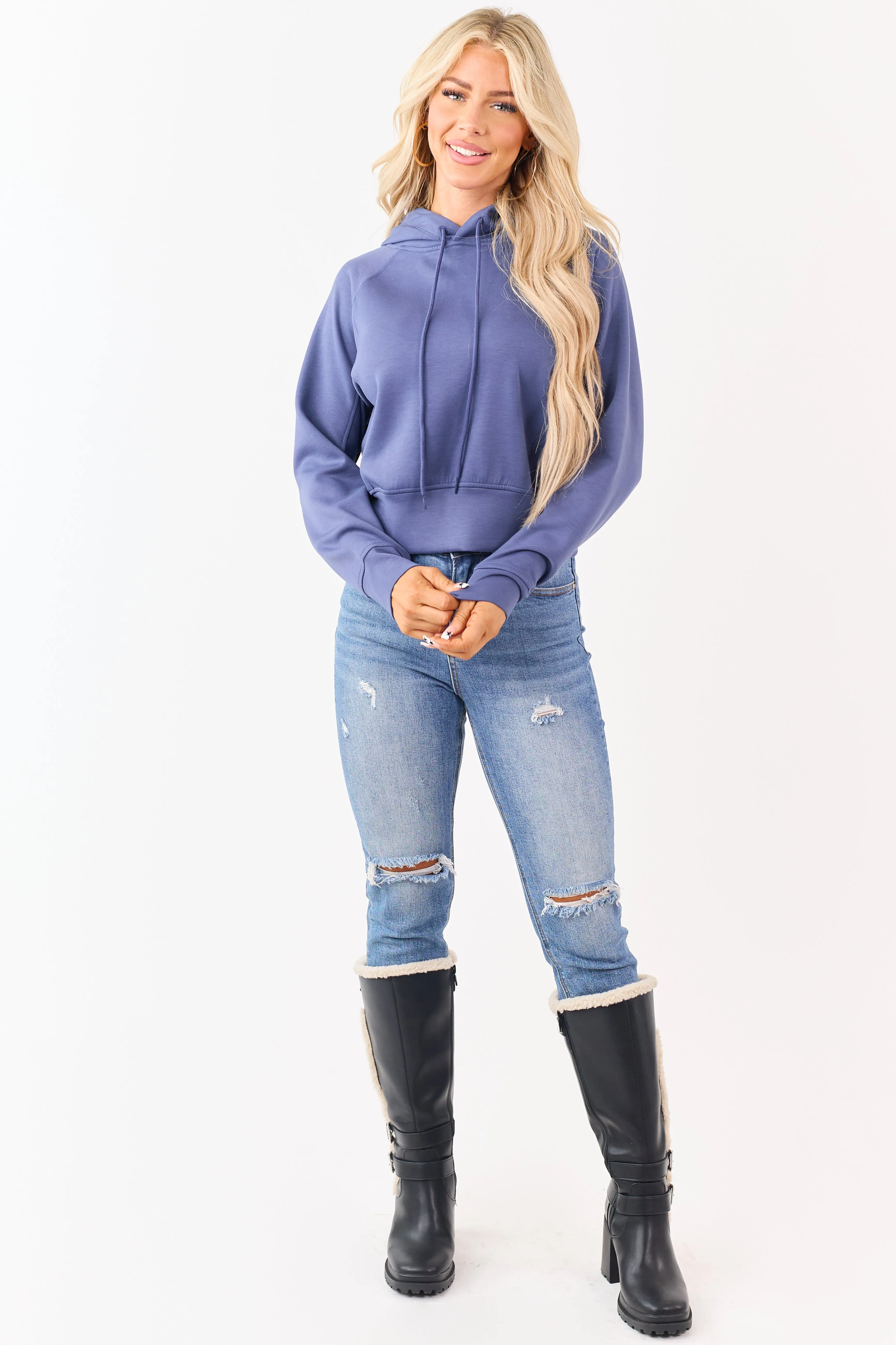 Dusty Blue Soft Scuba Knit Drawstring Hoodie sold by Lime Lush product image thumbnail 3