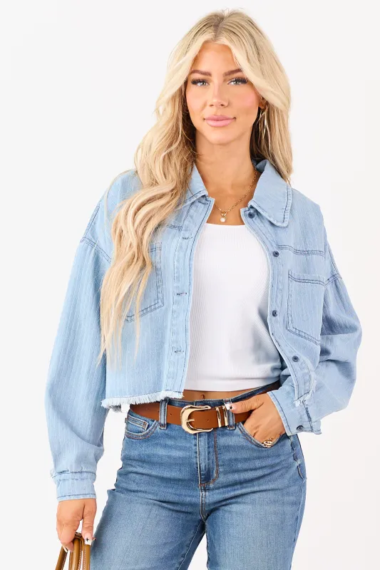 Light Wash Denim Button Down Boxy Shacket sold by Lime Lush