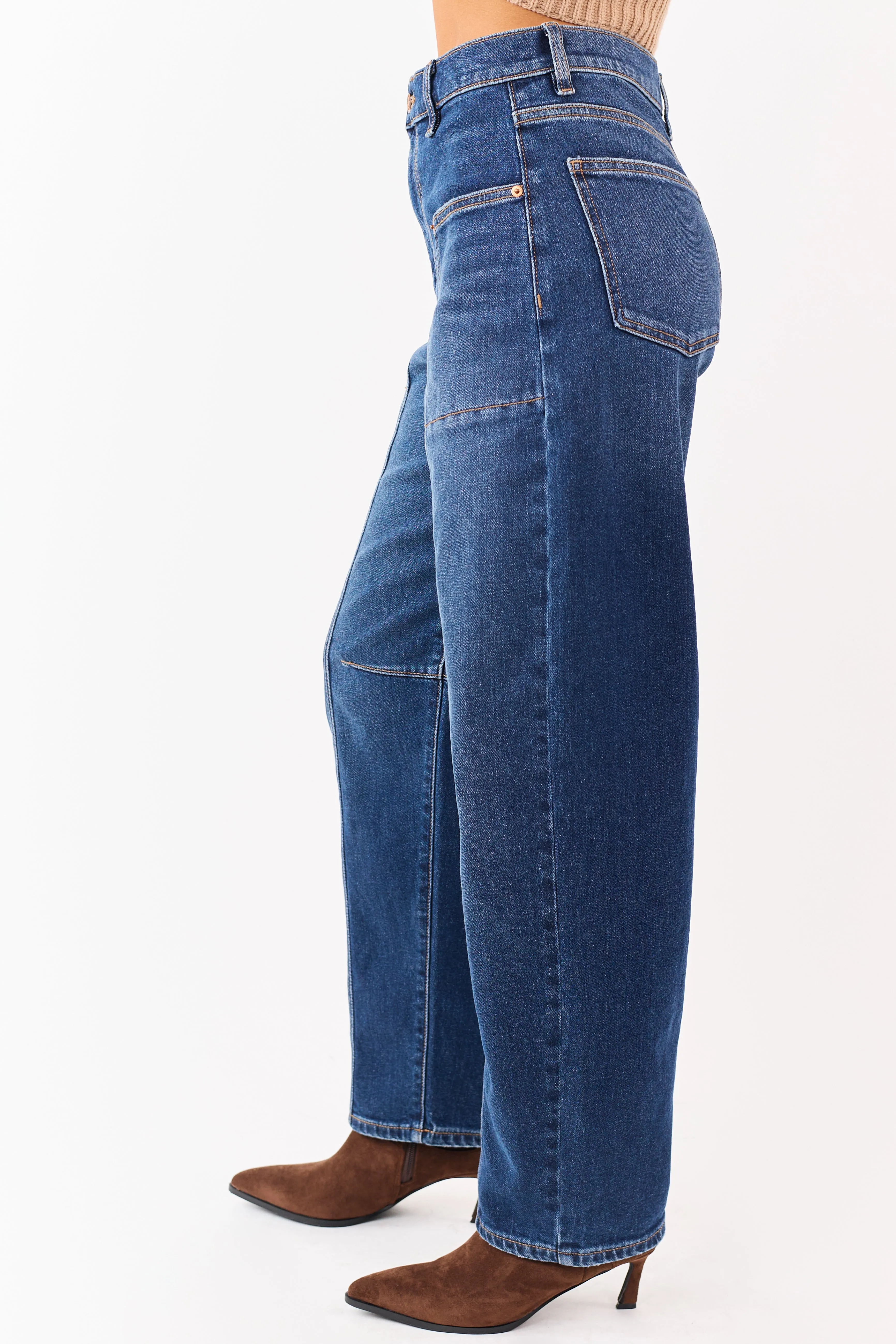 Sneak Peek Dark Wash High Rise Stretchy Barrel Jeans sold by Lime Lush product image thumbnail 3