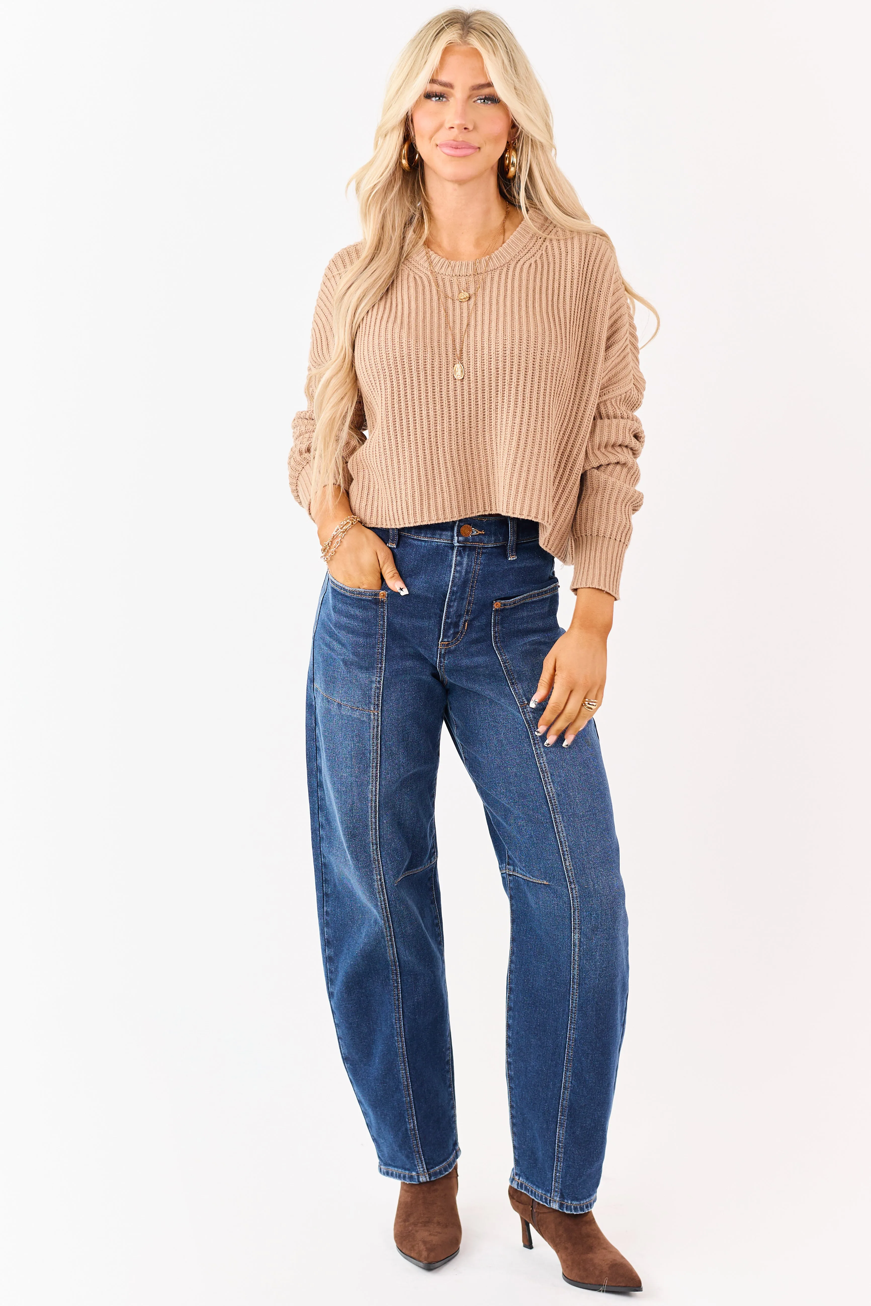 Sneak Peek Dark Wash High Rise Stretchy Barrel Jeans sold by Lime Lush