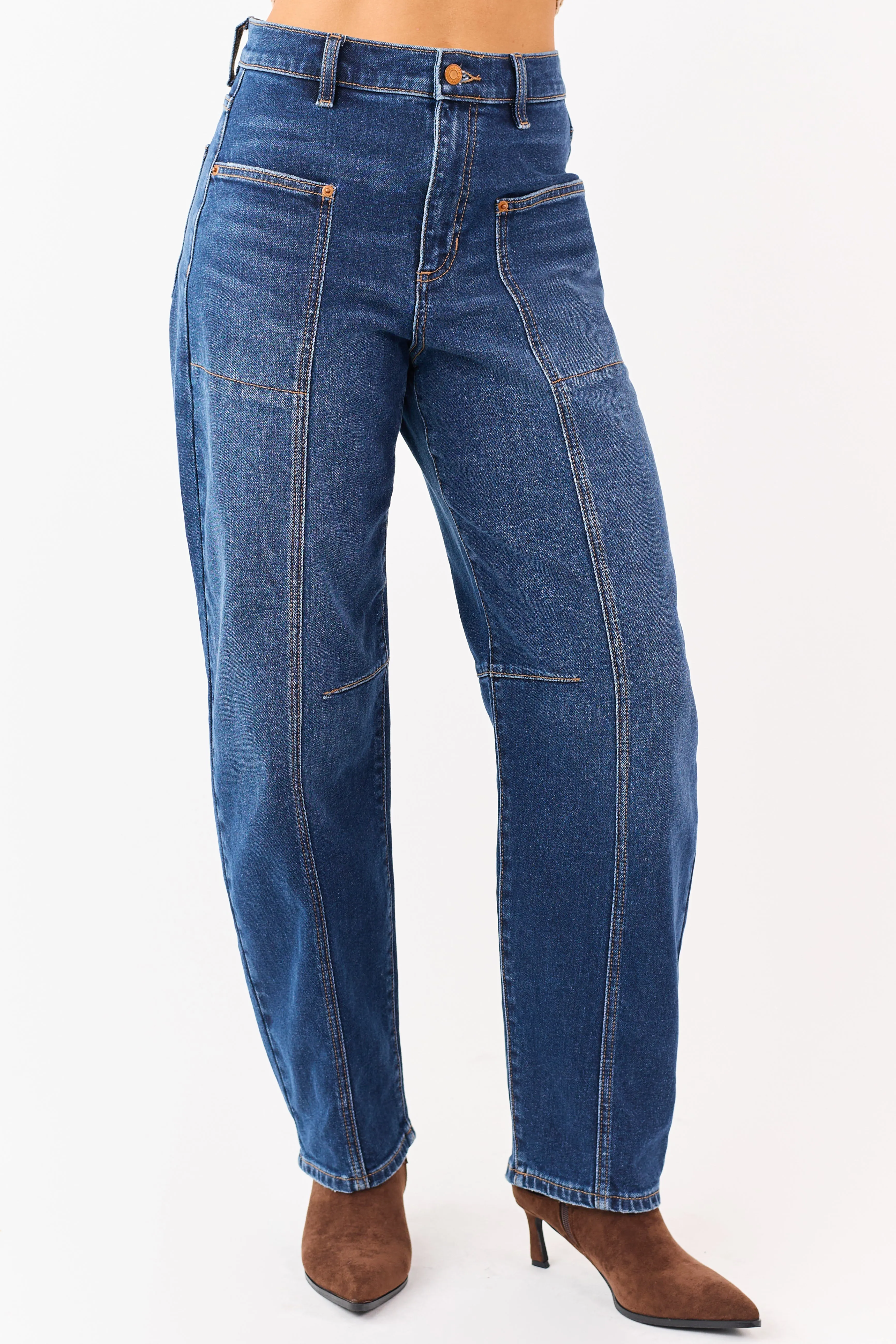 Sneak Peek Dark Wash High Rise Stretchy Barrel Jeans sold by Lime Lush product image thumbnail 2