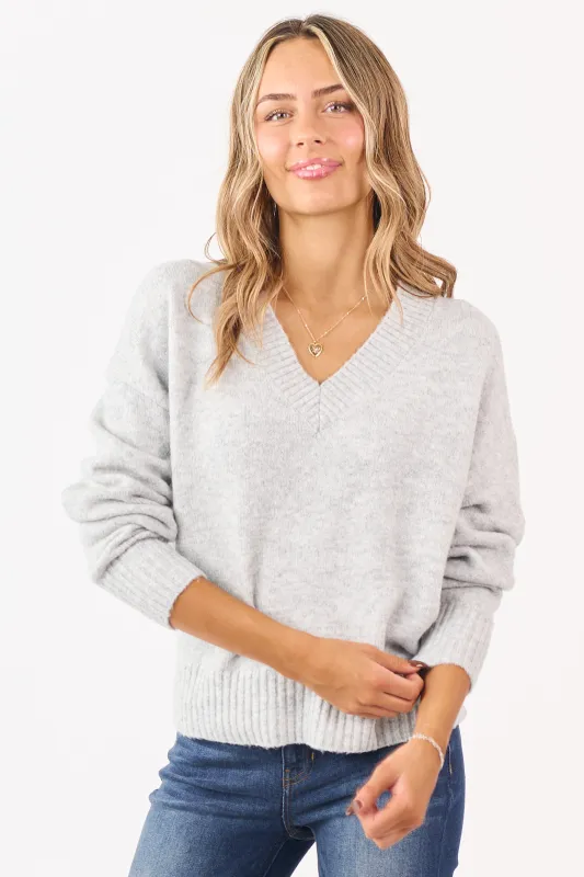 Pewter Grey V-Neck Soft Relaxed Knit Sweater sold by Lime Lush