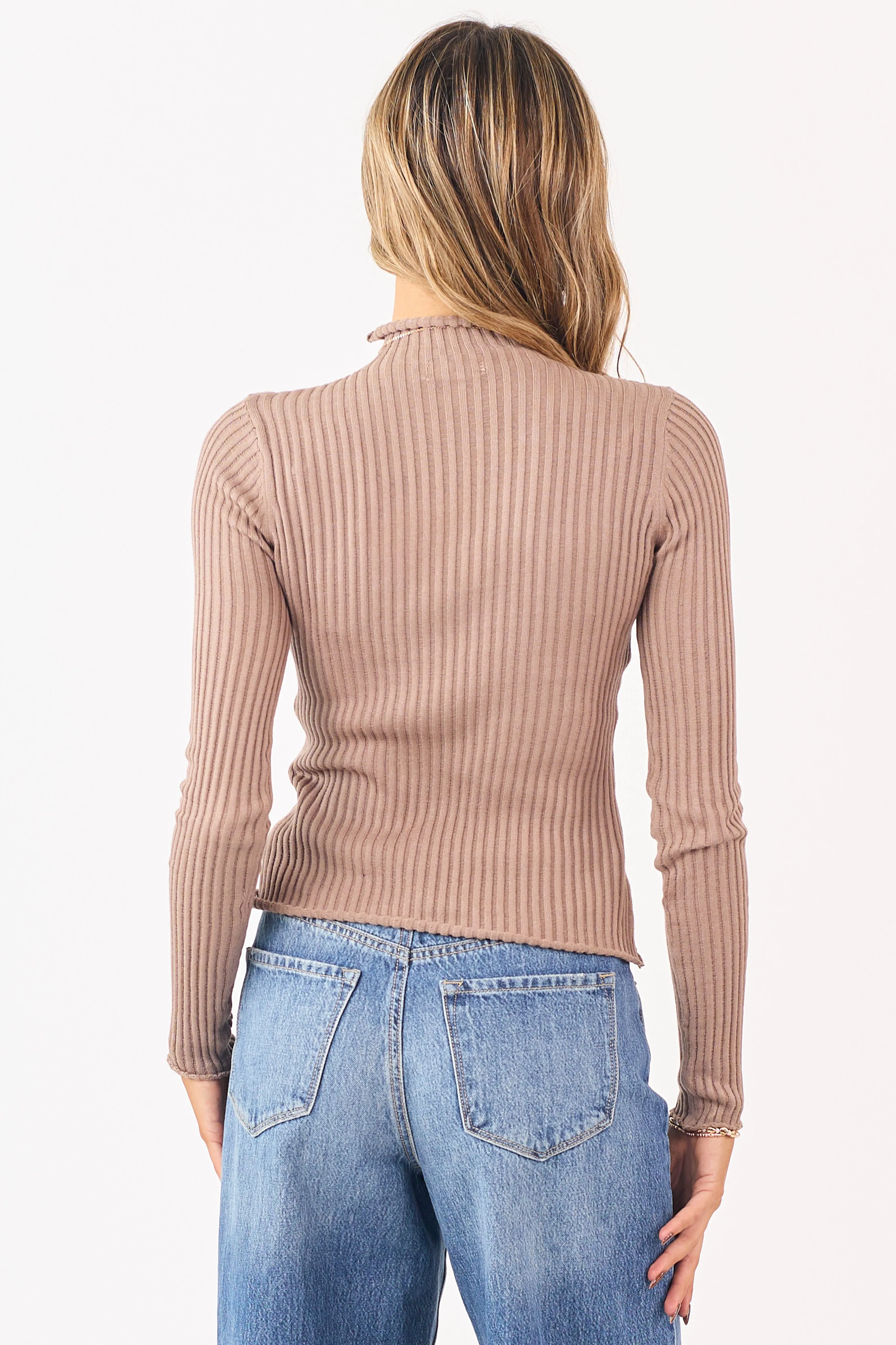 Coffee Rib Knit High Neck Long Sleeve Fitted Top sold by Lime Lush product image thumbnail 5