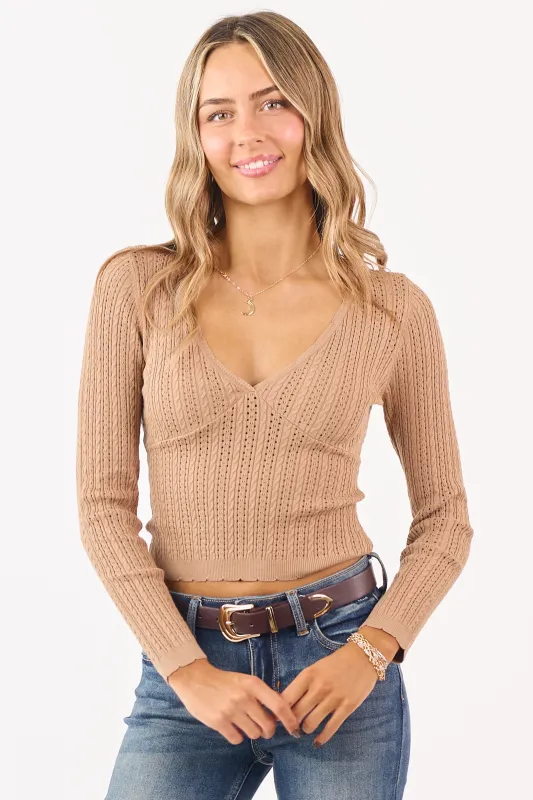 Latte Deep V-Neck Pointelle Cropped Fitted Top sold by Lime Lush